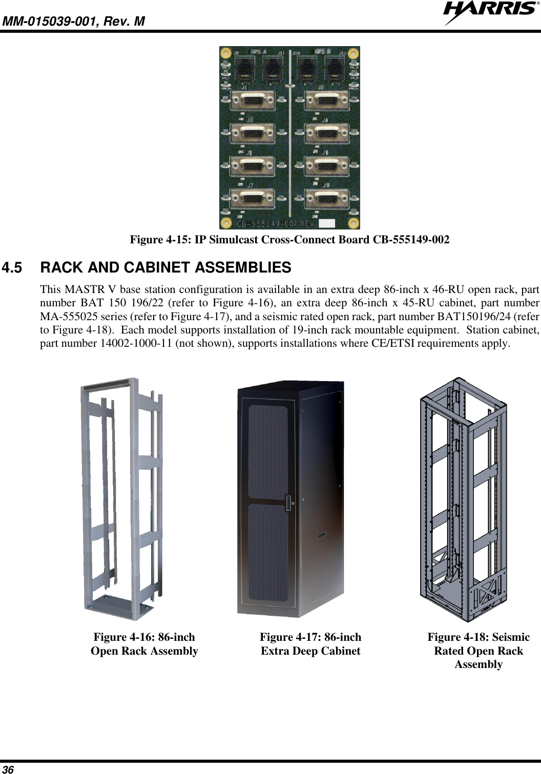 MM-015039-001, Rev. M     36  Figure 4-15: IP Simulcast Cross-Connect Board CB-555149-002 4.5  RACK AND CABINET ASSEMBLIES This MASTR V base station configuration is available in an extra deep 86-inch x 46-RU open rack, part number BAT 150 196/22 (refer to Figure 4-16), an extra deep  86-inch  x  45-RU cabinet,  part  number MA-555025 series (refer to Figure 4-17), and a seismic rated open rack, part number BAT150196/24 (refer to Figure 4-18).  Each model supports installation of 19-inch rack mountable equipment.  Station cabinet, part number 14002-1000-11 (not shown), supports installations where CE/ETSI requirements apply.     Figure 4-16: 86-inch Open Rack Assembly Figure 4-17: 86-inch Extra Deep Cabinet Figure 4-18: Seismic Rated Open Rack Assembly  