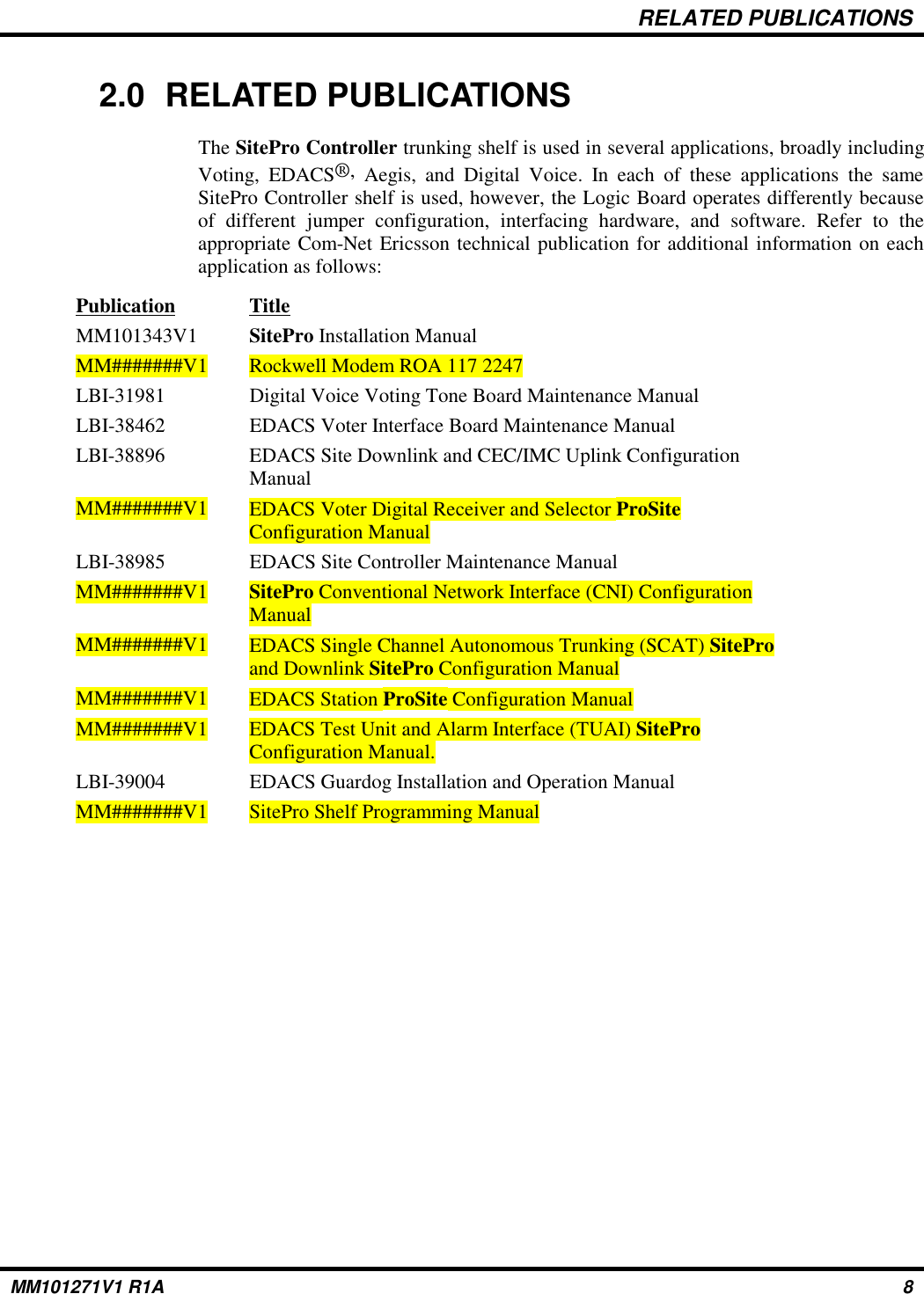 RELATED PUBLICATIONS2.0 RELATED PUBLICATIONSThe SitePro Controller trunking shelf is used in several applications, broadly includingVoting, EDACS®, Aegis, and Digital Voice. In each of these applications the sameSitePro Controller shelf is used, however, the Logic Board operates differently becauseof different jumper configuration, interfacing hardware, and software. Refer to theappropriate Com-Net Ericsson technical publication for additional information on eachapplication as follows:Publication TitleMM101343V1 SitePro Installation ManualMM#######V1 Rockwell Modem ROA 117 2247LBI-31981 Digital Voice Voting Tone Board Maintenance ManualLBI-38462 EDACS Voter Interface Board Maintenance ManualLBI-38896 EDACS Site Downlink and CEC/IMC Uplink ConfigurationManualMM#######V1 EDACS Voter Digital Receiver and Selector ProSiteConfiguration ManualLBI-38985 EDACS Site Controller Maintenance ManualMM#######V1 SitePro Conventional Network Interface (CNI) ConfigurationManualMM#######V1 EDACS Single Channel Autonomous Trunking (SCAT) SiteProand Downlink SitePro Configuration ManualMM#######V1 EDACS Station ProSite Configuration ManualMM#######V1 EDACS Test Unit and Alarm Interface (TUAI) SiteProConfiguration Manual.LBI-39004 EDACS Guardog Installation and Operation ManualMM#######V1 SitePro Shelf Programming ManualMM101271V1 R1A 8