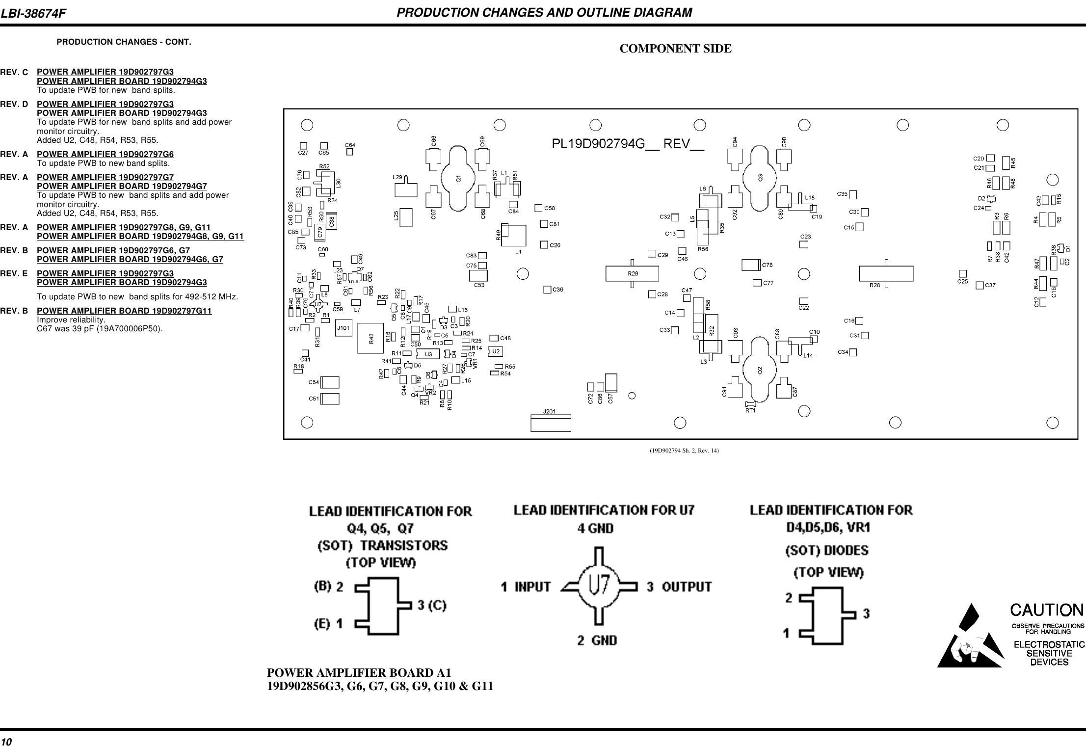 PRODUCTION CHANGES AND OUTLINE DIAGRAMPOWER AMPLIFIER BOARD A119D902856G3, G6, G7, G8, G9, G10 &amp; G11(19D902794 Sh. 2, Rev. 14)COMPONENT SIDEPRODUCTION CHANGES - CONT.REV. C POWER AMPLIFIER 19D902797G3POWER AMPLIFIER BOARD 19D902794G3To update PWB for new  band splits.REV. D POWER AMPLIFIER 19D902797G3POWER AMPLIFIER BOARD 19D902794G3To update PWB for new  band splits and add powermonitor circuitry. Added U2, C48, R54, R53, R55.REV. A POWER AMPLIFIER 19D902797G6To update PWB to new band splits.REV. A POWER AMPLIFIER 19D902797G7POWER AMPLIFIER BOARD 19D902794G7To update PWB to new  band splits and add powermonitor circuitry. Added U2, C48, R54, R53, R55.REV. A POWER AMPLIFIER 19D902797G8, G9, G11POWER AMPLIFIER BOARD 19D902794G8, G9, G11REV. B POWER AMPLIFIER 19D902797G6, G7POWER AMPLIFIER BOARD 19D902794G6, G7REV. E POWER AMPLIFIER 19D902797G3POWER AMPLIFIER BOARD 19D902794G3To update PWB to new  band splits for 492-512 MHz.REV. B POWER AMPLIFIER BOARD 19D902797G11Improve reliability.C67 was 39 pF (19A700006P50).LBI-38674F10