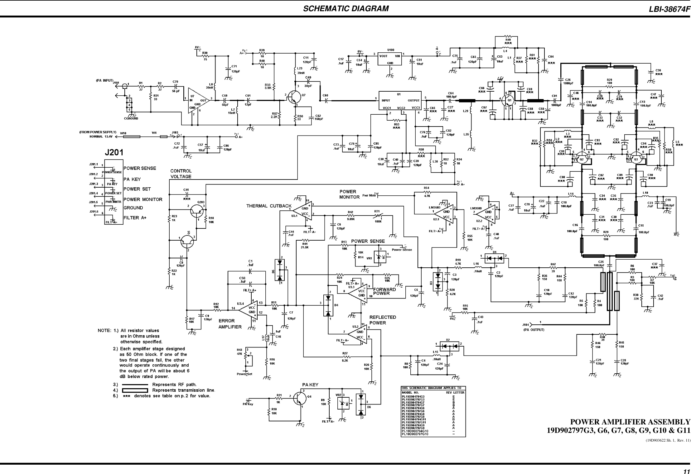 SCHEMATIC DIAGRAMPOWER AMPLIFIER ASSEMBLY19D902797G3, G6, G7, G8, G9, G10 &amp; G11(19D903622 Sh. 1,  Rev. 11)LBI-38674F11
