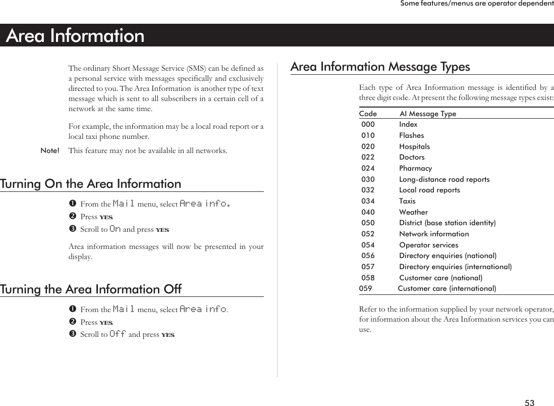 Area InformationThe ordinary Short Message Service (SMS) can be defined asa personal service with messages specifically and exclusivelydirected to you. The Area Information is another type of textmessage which is sent to all subscribers in a certain cell of anetwork at the same time.For example, the information may be a local road report or alocal taxi phone number.Note! This feature may not be available in all networks.Turning On the Area InformationFrom the Mail menu, select Area info.Press YES.Scroll to On and press YES.Area information messages will now be presented in yourdisplay.Turning the Area Information OffFrom the Mail menu, select Area info.Press YES.Scroll to Off and press YES.Area Information Message TypesEach type of Area Information message is identified by athree digit code. At present the following message types exist:Code AI Message Type000 Index010 Flashes020 Hospitals022 Doctors024 Pharmacy030 Long-distance road reports032 Local road reports034 Taxis040 Weather050 District (base station identity)052 Network information054 Operator services056 Directory enquiries (national)057 Directory enquiries (international)058 Customer care (national)059 Customer care (international)Refer to the information supplied by your network operator,for information about the Area Information services you canuse.53Some features/menus are operator dependent