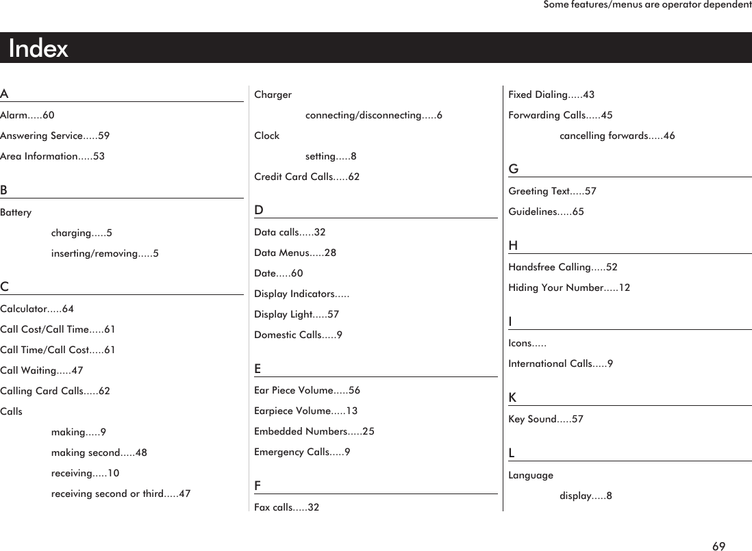 IndexAAlarm.....60Answering Service.....59Area Information.....53BBatterycharging.....5inserting/removing.....5CCalculator.....64Call Cost/Call Time.....61Call Time/Call Cost.....61Call Waiting.....47Calling Card Calls.....62Callsmaking.....9making second.....48receiving.....10receiving second or third.....47Chargerconnecting/disconnecting.....6Clocksetting.....8Credit Card Calls.....62DData calls.....32Data Menus.....28Date.....60Display Indicators.....Display Light.....57Domestic Calls.....9EEar Piece Volume.....56Earpiece Volume.....13Embedded Numbers.....25Emergency Calls.....9FFax calls.....32Fixed Dialing.....43Forwarding Calls.....45cancelling forwards.....46GGreeting Text.....57Guidelines.....65HHandsfree Calling.....52Hiding Your Number.....12IIcons.....International Calls.....9KKey Sound.....57LLanguagedisplay.....869Some features/menus are operator dependent