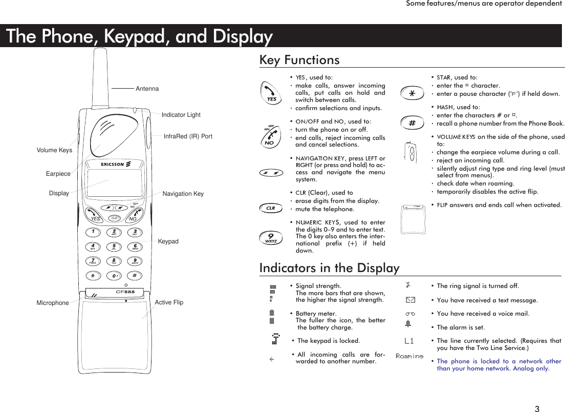 The Phone, Keypad, and DisplaySome features/menus are operator dependent3AntennaIndicator LightInfraRed (IR) PortNavigation KeyKeypadVolume KeysEarpieceDisplayMicrophone Active FlipKey Functions•, used to:make calls, answer incomingcalls, put calls on hold andswitch between calls.confirm selections and inputs.•and , used to:turn the phone on or off.end calls, reject incoming callsand cancel selections.•, press or(or press and hold) to ac-cess and navigate the menusystem.•(Clear), used toerase digits from the display.mute the telephone.•S, used to enterthe digits 0–9 and to enter text.The 0 key also enters the inter-national prefix (+) if helddown.•, used to:enter the *character.enter a pause character (’p’) if held down.•, used to:enter the characters # or ¤.recall a phone number from the Phone Book.•on the side of the phone, usedto:change the earpiece volume during a call.reject an incoming call.silently adjust ring type and ring level (mustselect from menus).check date when roaming.temporarily disables the active flip.•answers and ends call when activated.Indicators in the Display•Signal strength.The more bars that are shown,the higher the signal strength.•Battery meter.The fuller the icon, the betterthe battery charge.•The keypad is locked.•All incoming calls are for-warded to another number.•The ring signal is turned off.•You have received a text message.•You have received a voice mail.•The alarm is set.•The line currently selected. (Requires thatyou have the Two Line Service.)•The phone is locked to a network otherthan your home network. Analog only.4278lSMmTtL1B