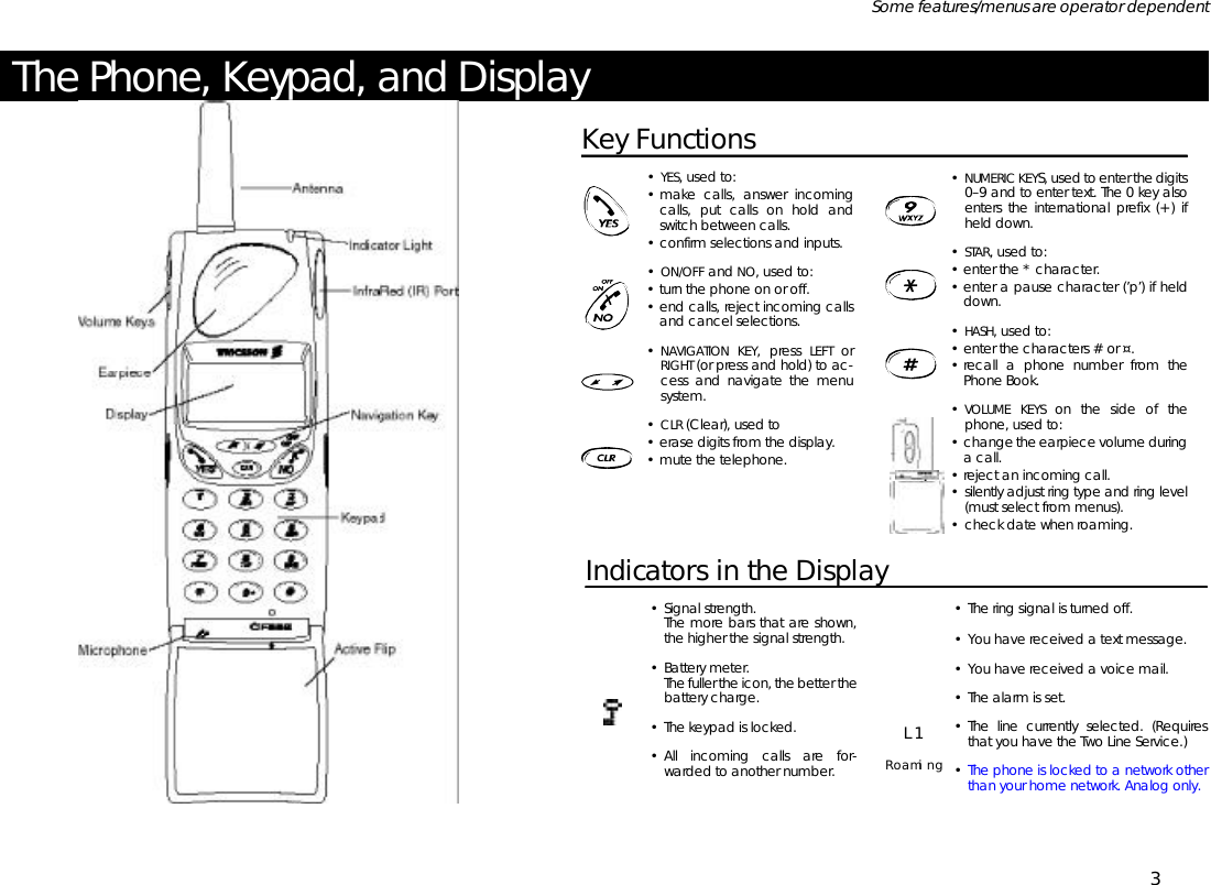 The Phone, Keypad, and DisplaySome fea tures/menus are op era tor dependent3Key Func tions•YES, used to:•make calls, an swer in com ingcalls, put calls on hold andswitch be tween calls.•con firm se lec tions and in puts.•ON/OFF and NO, used to:•turn the phone on or off.•end calls, re ject in com ing callsand can cel se lec tions.•NAVIGATION KEY, press LEFT orRIGHT (or press and hold) to ac -cess and navi gate the menusys tem.•CLR (Clear), used to•erase dig its from the dis play.•mute the tele phone.•NUMERIC KEYS, used to en ter the dig its 0–9 and to en ter text. The 0 key alsoen ters the in ter na tional pre fix (+) ifheld down.•STAR, used to:•en ter the * char ac ter.•en ter a pause char ac ter (’p’) if helddown.•HASH, used to:•en ter the char ac ters # or ¤.•re call a phone number from thePhone Book.•VOLUME KEYS on the side of thephone, used to:•change the ear piece vol ume dur ing a call.•re ject an in com ing call.•si lently ad just ring type and ring level(must se lect from menus).•check date when roam ing.In di ca tors in the Dis play•Sig nal strength.The more bars that are shown,the higher the sig nal strength.•Bat tery me ter.The fuller the icon, the bet ter the bat tery charge.•The key pad is locked.•All in com ing calls are for -warded to an other number.•The ring sig nal is turned off.•You have re ceived a text mes sage.•You have re ceived a voice mail.•The alarm is set.•The line cur rently se lected. (Re quiresthat you have the Two Line Serv ice.) •The phone is locked to a net work otherthan your home net work. Ana log only.L1Roaming