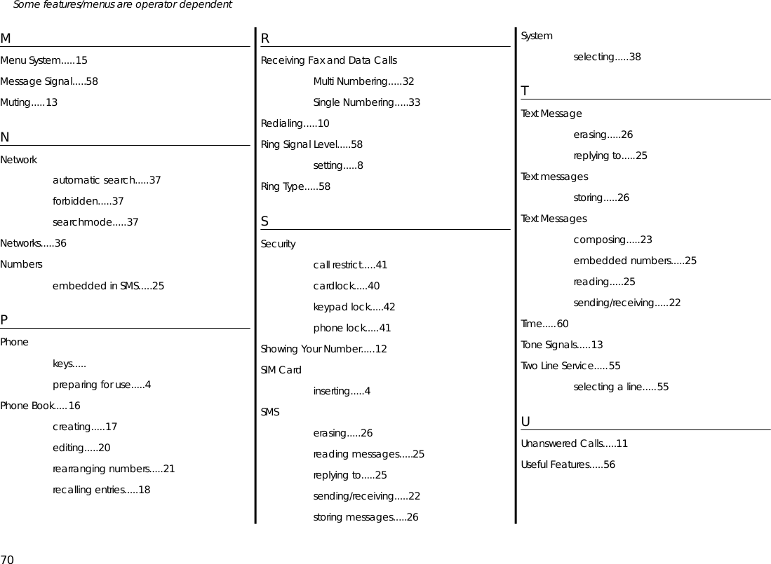 MMenu Sys tem.....15Mes sage Sig nal.....58Mut ing.....13NNet workauto matic search.....37for bid den.....37search mode.....37Net works.....36Num bersem bed ded in SMS.....25PPhonekeys.....pre par ing for use.....4Phone Book.....16cre at ing.....17ed it ing.....20re ar rang ing num bers.....21re call ing en tries.....18RRe ceiv ing Fax and Data CallsMulti Num ber ing.....32Sin gle Num ber ing.....33Re di al ing.....10Ring Sig nal Level.....58set ting.....8Ring Type.....58SSe cu ritycall re strict.....41card lock.....40key pad lock.....42phone lock.....41Show ing Your Num ber.....12SIM Cardin sert ing.....4SMSeras ing.....26read ing mes sages.....25re ply ing to.....25send ing/re ceiv ing.....22stor ing mes sages.....26Sys temse lect ing.....38TText Mes sageeras ing.....26re ply ing to.....25Text mes sagesstor ing.....26Text Mes sagescom pos ing.....23em bed ded num bers.....25read ing.....25send ing/re ceiv ing.....22Time.....60Tone Sig nals.....13Two Line Serv ice.....55se lect ing a line.....55UUn an swered Calls.....11Use ful Fea tures.....5670Some fea tures/menus are op era tor dependent