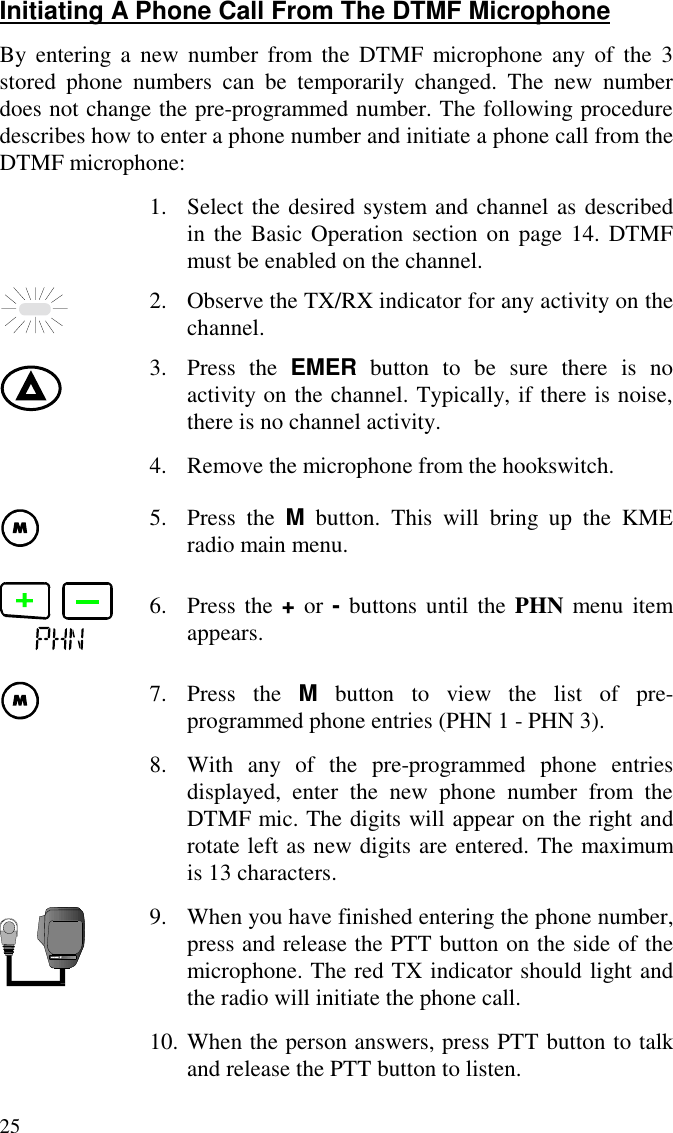 25Initiating A Phone Call From The DTMF MicrophoneBy entering a new number from the DTMF microphone any of the 3stored phone numbers can be temporarily changed. The new numberdoes not change the pre-programmed number. The following proceduredescribes how to enter a phone number and initiate a phone call from theDTMF microphone:1. Select the desired system and channel as describedin the Basic Operation section on page 14. DTMFmust be enabled on the channel.2. Observe the TX/RX indicator for any activity on thechannel.3. Press the EMER button to be sure there is noactivity on the channel. Typically, if there is noise,there is no channel activity.4. Remove the microphone from the hookswitch.5. Press the M button. This will bring up the KMEradio main menu.6. Press the + or - buttons until the PHN menu itemappears.7. Press the M button to view the list of pre-programmed phone entries (PHN 1 - PHN 3).8. With any of the pre-programmed phone entriesdisplayed, enter the new phone number from theDTMF mic. The digits will appear on the right androtate left as new digits are entered. The maximumis 13 characters.9. When you have finished entering the phone number,press and release the PTT button on the side of themicrophone. The red TX indicator should light andthe radio will initiate the phone call.10. When the person answers, press PTT button to talkand release the PTT button to listen.