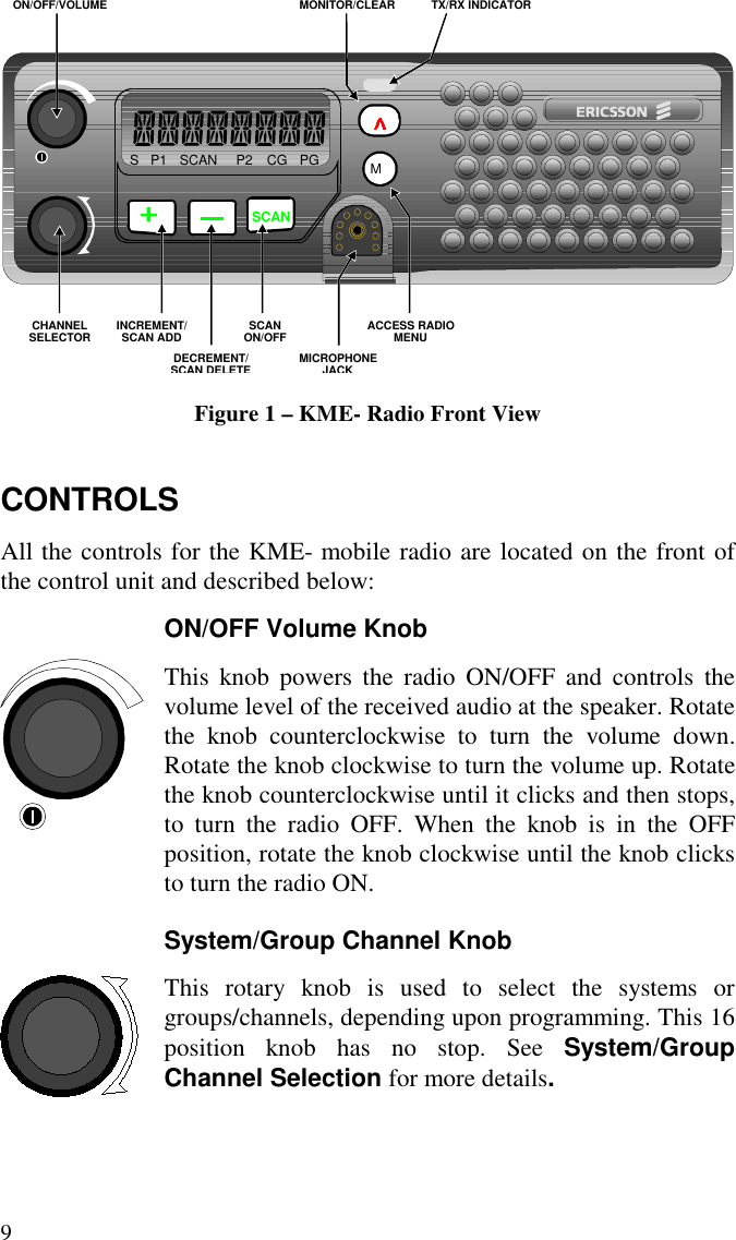 9SCANMSP1SCAN P2 CGPGON/OFF/VOLUMECHANNELSELECTOR INCREMENT/SCAN ADD SCANON/OFF ACCESS RADIOMENUDECREMENT/SCAN DELETEMICROPHONEJACKMONITOR/CLEAR TX/RX INDICATORFigure 1 – KME- Radio Front ViewCONTROLSAll the controls for the KME- mobile radio are located on the front ofthe control unit and described below:ON/OFF Volume KnobThis knob powers the radio ON/OFF and controls thevolume level of the received audio at the speaker. Rotatethe knob counterclockwise to turn the volume down.Rotate the knob clockwise to turn the volume up. Rotatethe knob counterclockwise until it clicks and then stops,to turn the radio OFF. When the knob is in the OFFposition, rotate the knob clockwise until the knob clicksto turn the radio ON.System/Group Channel KnobThis rotary knob is used to select the systems orgroups/channels, depending upon programming. This 16position knob has no stop. See System/GroupChannel Selection for more details.