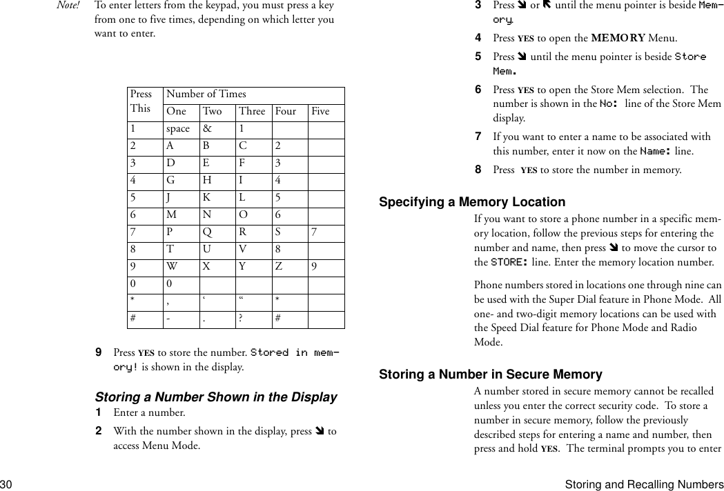 30 Storing and Recalling NumbersNote! To enter letters from the keypad, you must press a key from one to five times, depending on which letter you want to enter.9  Press YES to store the number. Stored in mem-ory! is shown in the display.Storing a Number Shown in the Display1  Enter a number.2  With the number shown in the display, press   to access Menu Mode.3  Press   or   until the menu pointer is beside Mem-ory.4  Press YES to open the Menu.5  Press   until the menu pointer is beside Store Mem.6  Press YES to open the Store Mem selection.  The number is shown in the No: line of the Store Mem display.7  If you want to enter a name to be associated with this number, enter it now on the Name: line.8  Press YES to store the number in memory.Specifying a Memory LocationIf you want to store a phone number in a specific mem-ory location, follow the previous steps for entering the number and name, then press   to move the cursor to the STORE: line. Enter the memory location number.Phone numbers stored in locations one through nine can be used with the Super Dial feature in Phone Mode.  All one- and two-digit memory locations can be used with the Speed Dial feature for Phone Mode and Radio Mode.Storing a Number in Secure MemoryA number stored in secure memory cannot be recalled unless you enter the correct security code.  To store a number in secure memory, follow the previously described steps for entering a name and number, then press and hold YES.  The terminal prompts you to enter Press ThisNumber of TimesOne Two Three Four Five1space&amp;12ABC23DEF34GHI 45J KL56MNO67PQRS78TUV89WXYZ900*, ‘“*#- . ? #