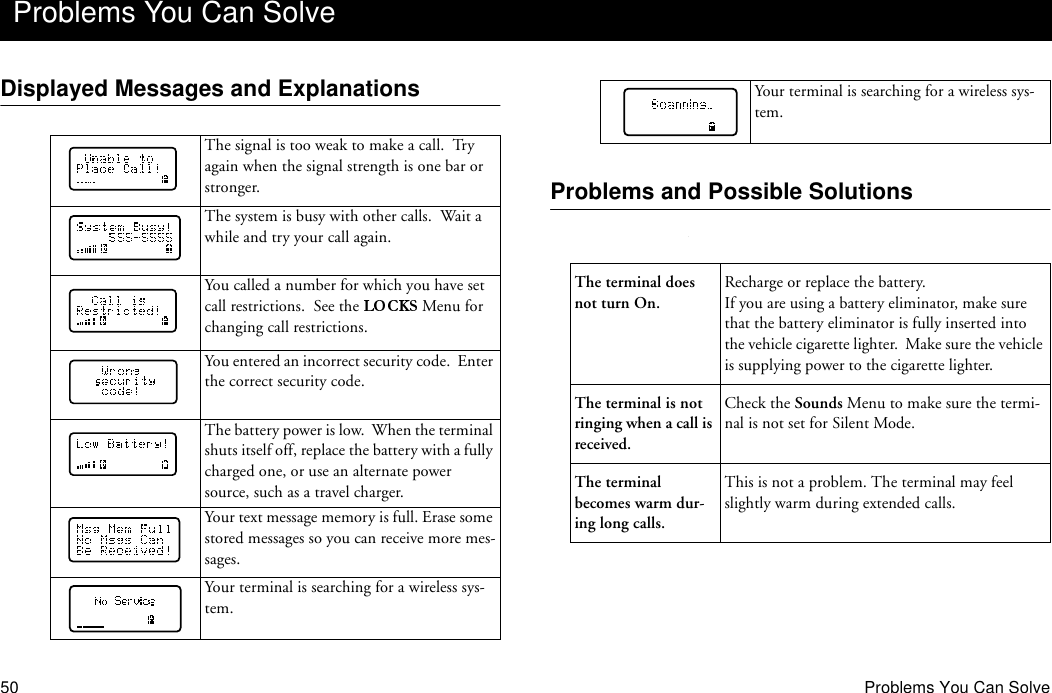 50 Problems You Can SolveDisplayed Messages and ExplanationsProblems and Possible Solutions.Problems You Can SolveThe signal is too weak to make a call.  Try again when the signal strength is one bar or stronger.The system is busy with other calls.  Wait a while and try your call again.You called a number for which you have set call restrictions.  See the   Menu for changing call restrictions.You entered an incorrect security code.  Enter the correct security code.The battery power is low.  When the terminal shuts itself off, replace the battery with a fully charged one, or use an alternate power source, such as a travel charger.Your text message memory is full. Erase some stored messages so you can receive more mes-sages.Your terminal is searching for a wireless sys-tem.Your terminal is searching for a wireless sys-tem.The terminal does not turn On.Recharge or replace the battery.If you are using a battery eliminator, make sure that the battery eliminator is fully inserted into the vehicle cigarette lighter.  Make sure the vehicle is supplying power to the cigarette lighter.The terminal is not ringing when a call is received.Check the Sounds Menu to make sure the termi-nal is not set for Silent Mode.The terminal becomes warm dur-ing long calls.This is not a problem. The terminal may feel slightly warm during extended calls.