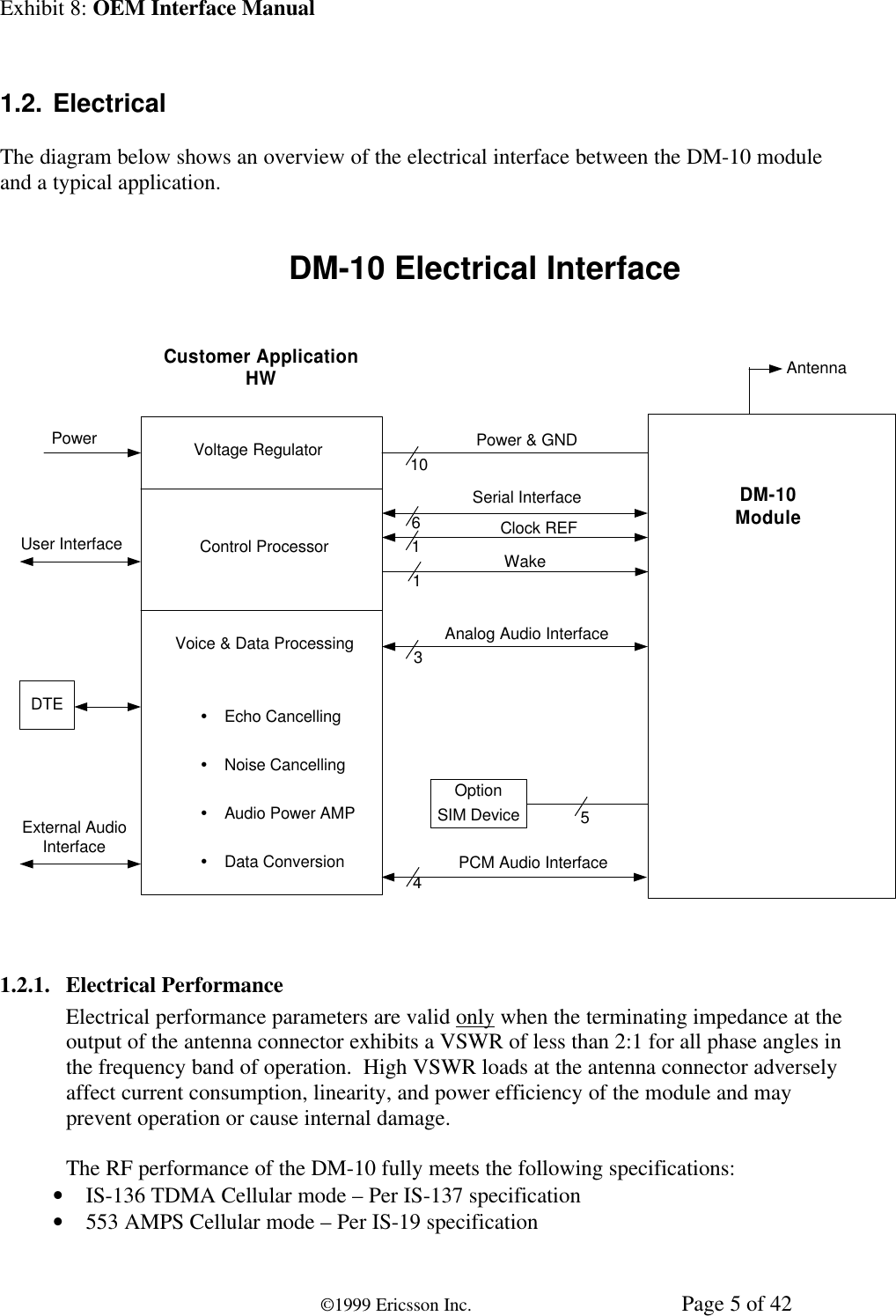 Exhibit 8: OEM Interface Manual©1999 Ericsson Inc. Page 5 of 421.2. ElectricalThe diagram below shows an overview of the electrical interface between the DM-10 moduleand a typical application.DM-10 Electrical InterfaceCustomer ApplicationHWVoltage RegulatorControl ProcessorVoice &amp; Data ProcessingŸEcho CancellingŸNoise CancellingŸAudio Power AMPŸData ConversionDTEPowerExternal AudioInterfaceAntennaUser Interface61Power &amp; GNDSerial InterfaceWakeAnalog Audio Interface101354Clock REFOptionSIM DeviceDM-10ModulePCM Audio Interface1.2.1. Electrical PerformanceElectrical performance parameters are valid only when the terminating impedance at theoutput of the antenna connector exhibits a VSWR of less than 2:1 for all phase angles inthe frequency band of operation.  High VSWR loads at the antenna connector adverselyaffect current consumption, linearity, and power efficiency of the module and mayprevent operation or cause internal damage.The RF performance of the DM-10 fully meets the following specifications:• IS-136 TDMA Cellular mode – Per IS-137 specification• 553 AMPS Cellular mode – Per IS-19 specification