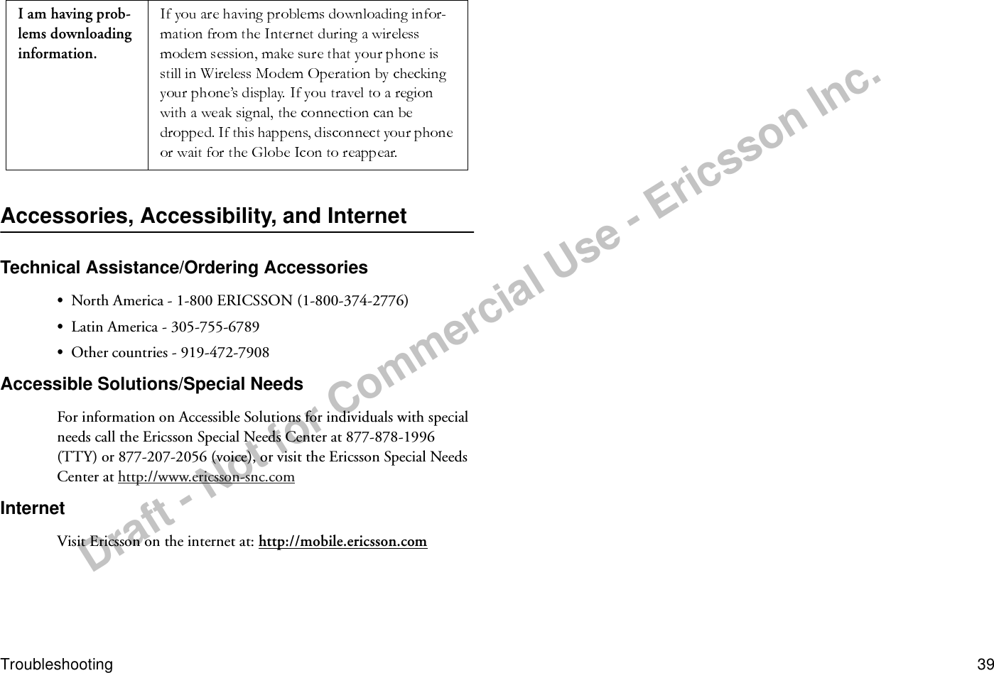 Draft - Not for Commercial Use - Ericsson Inc.Troubleshooting 39Accessories, Accessibility, and InternetTechnical Assistance/Ordering Accessories•North America - 1-800 ERICSSON (1-800-374-2776)•Latin America - 305-755-6789•Other countries - 919-472-7908Accessible Solutions/Special NeedsFor information on Accessible Solutions for individuals with special needs call the Ericsson Special Needs Center at 877-878-1996 (TTY) or 877-207-2056 (voice), or visit the Ericsson Special Needs Center at http://www.ericsson-snc.comInternetVisit Ericsson on the internet at: http://mobile.ericsson.comI am having prob-lems downloading information.