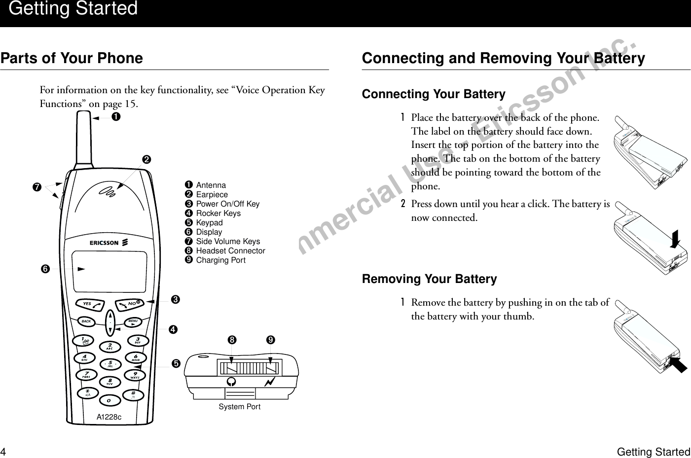 Draft - Not for Commercial Use - Ericsson Inc.4Getting StartedParts of Your PhoneFor information on the key functionality, see “Voice Operation Key Functions” on page 15.Connecting and Removing Your BatteryConnecting Your BatteryPlace the battery over the back of the phone. The label on the battery should face down. Insert the top portion of the battery into the phone. The tab on the bottom of the battery should be pointing toward the bottom of the phone.Press down until you hear a click. The battery is now connected.Removing Your BatteryRemove the battery by pushing in on the tab of the battery with your thumb.Getting StartedMENUA1228ca|A ,?!System PortAntennaEarpiecePower On/Off KeyRocker KeysKeypadDisplaySide Volume KeysHeadset ConnectorCharging Port➊➋➌➍➎➏➐➑➒➊➋➌➍➎➏➐➑➒BACK