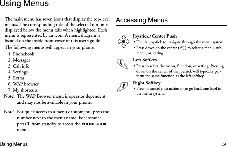 Using Menus 19Using MenusThe main menu has seven icons that display the top-level menus. The corresponding title of the selected option is displayed below the menu tabs when highlighted. Each menu is represented by an icon. A menu diagram is located on the inside front cover of this user’s guide. The following menus will appear in your phone:1  Phonebook2  Messages3  Call info4  Settings5  Extras6  WAP browser7  My shortcutsNote! The WAP Browser menu is operator dependent and may not be available in your phone.Note! For quick access to a menu or submenu, press the number next to the menu name. For instance, press  from standby to access the PHONEBOOK menu.Accessing Menus-R\VWLFN&amp;HQWHU3XVK• Use the joystick to navigate through the menu system.• Press down on the center ( ) to select a menu, sub-menu, or setting./HIW6RIWNH\•Press to select the menu, function, or setting. Pressing down on the center of the joystick will typically per-form the same function as the left softkey.5LJKW6RIWNH\• Press to cancel your action or to go back one level in the menu system.