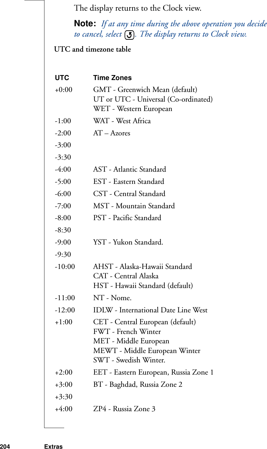204 ExtrasThe display returns to the Clock view.Note:  If at any time during the above operation you decide to cancel, select  . The display returns to Clock view.UTC and timezone tableUTC Time Zones+0:00  GMT - Greenwich Mean (default)UT or UTC - Universal (Co-ordinated)WET - Western European-1:00  WAT - West Africa-2:00  AT – Azores-3:00 -3:30-4:00  AST - Atlantic Standard-5:00  EST - Eastern Standard-6:00  CST - Central Standard-7:00  MST - Mountain Standard-8:00  PST - Pacific Standard-8:30-9:00  YST - Yukon Standard.-9:30-10:00  AHST - Alaska-Hawaii StandardCAT - Central AlaskaHST - Hawaii Standard (default)-11:00  NT - Nome.-12:00  IDLW - International Date Line West+1:00  CET - Central European (default)FWT - French WinterMET - Middle EuropeanMEWT - Middle European WinterSWT - Swedish Winter.+2:00  EET - Eastern European, Russia Zone 1+3:00  BT - Baghdad, Russia Zone 2+3:30+4:00  ZP4 - Russia Zone 3