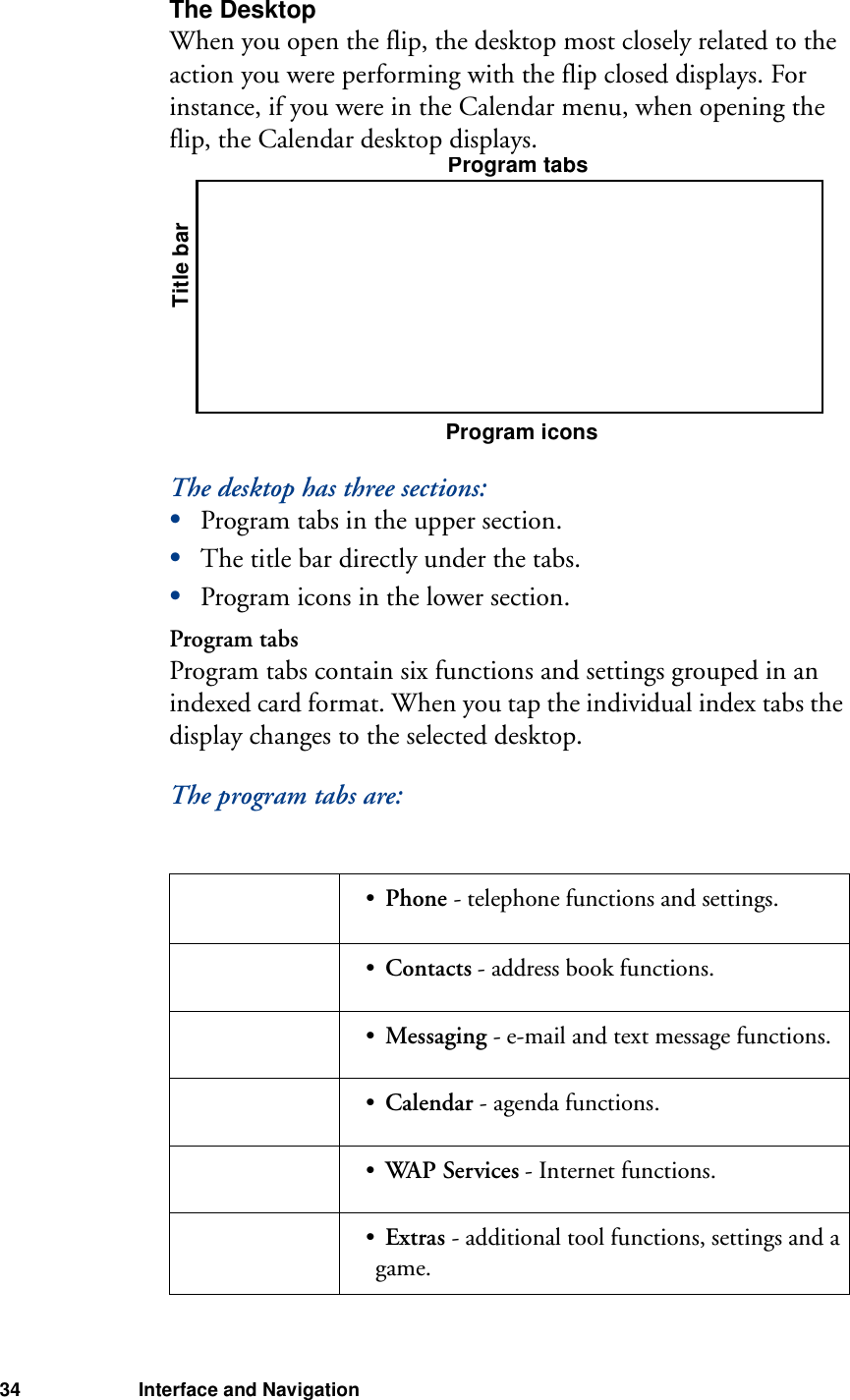34 Interface and NavigationThe DesktopWhen you open the flip, the desktop most closely related to the action you were performing with the flip closed displays. For instance, if you were in the Calendar menu, when opening the flip, the Calendar desktop displays.The desktop has three sections:•Program tabs in the upper section.•The title bar directly under the tabs.•Program icons in the lower section.Program tabsProgram tabs contain six functions and settings grouped in an indexed card format. When you tap the individual index tabs the display changes to the selected desktop.The program tabs are:•Phone - telephone functions and settings.•Contacts - address book functions.•Messaging - e-mail and text message functions.•Calendar - agenda functions.•WAP Services - Internet functions.•Extras - additional tool functions, settings and a game.Program tabsProgram iconsTitle bar