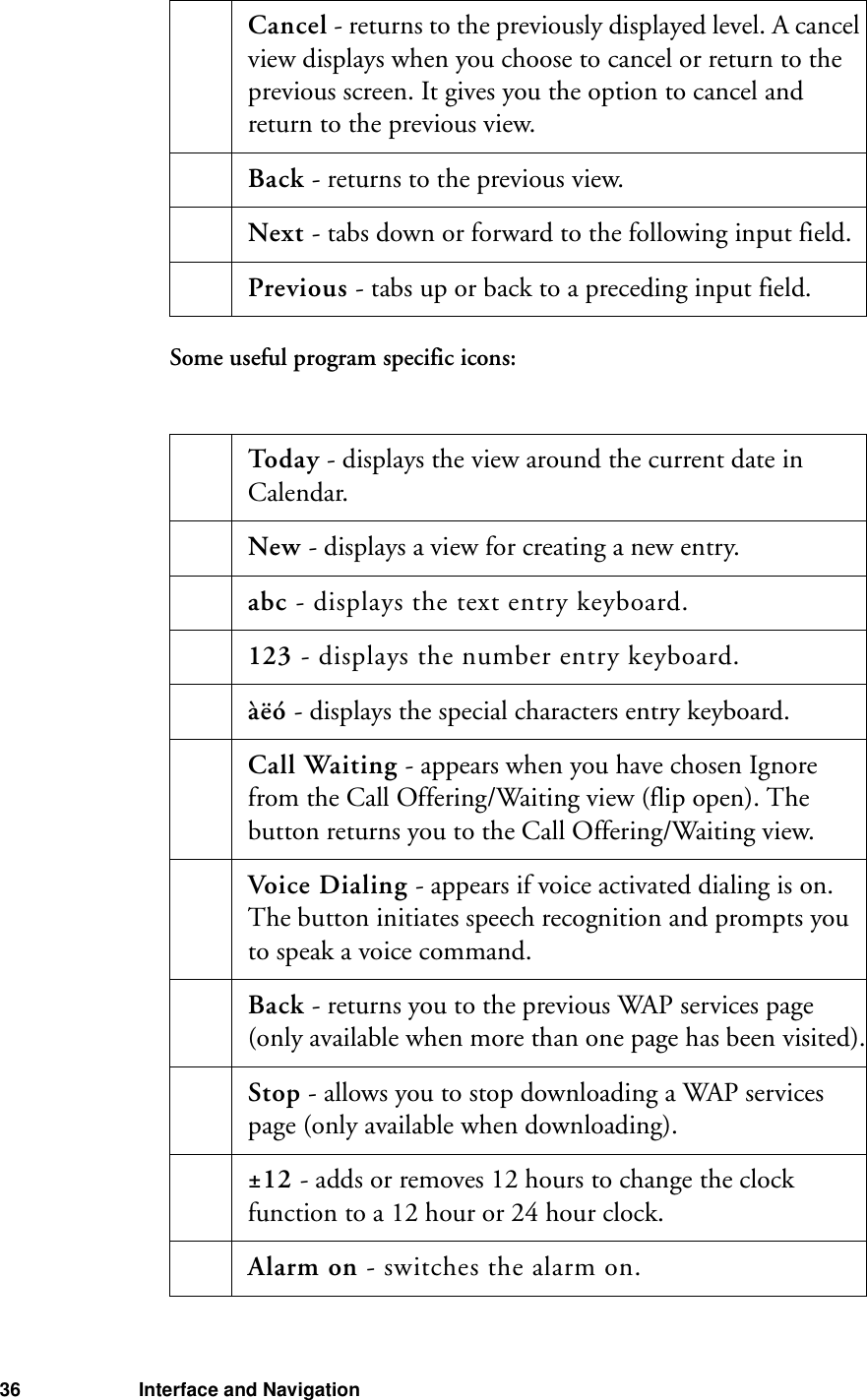 36 Interface and NavigationSome useful program specific icons: Cancel - returns to the previously displayed level. A cancel view displays when you choose to cancel or return to the previous screen. It gives you the option to cancel and return to the previous view. Back - returns to the previous view. Next - tabs down or forward to the following input field.Previous - tabs up or back to a preceding input field. Today - displays the view around the current date in Calendar. New - displays a view for creating a new entry. abc - displays the text entry keyboard. 123 - displays the number entry keyboard. àëó - displays the special characters entry keyboard. Call Waiting - appears when you have chosen Ignore from the Call Offering/Waiting view (flip open). The button returns you to the Call Offering/Waiting view. Voice Dialing - appears if voice activated dialing is on. The button initiates speech recognition and prompts you to speak a voice command. Back - returns you to the previous WAP services page (only available when more than one page has been visited). Stop - allows you to stop downloading a WAP services page (only available when downloading). ±12 - adds or removes 12 hours to change the clock function to a 12 hour or 24 hour clock. Alarm on - switches the alarm on.