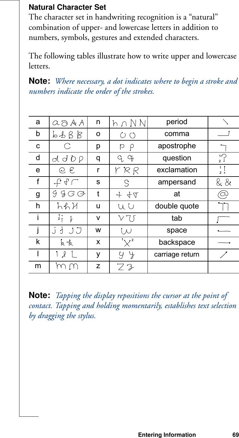 Entering Information 69Natural Character SetThe character set in handwriting recognition is a “natural” combination of upper- and lowercase letters in addition to numbers, symbols, gestures and extended characters.The following tables illustrate how to write upper and lowercase letters.Note:  Where necessary, a dot indicates where to begin a stroke and numbers indicate the order of the strokes.Note:  Tapping the display repositions the cursor at the point of contact. Tapping and holding momentarily, establishes text selection by dragging the stylus.abcdefghijklmnopqrstuvwxyzperiodcommaapostrophequestiondouble quoteatampersandexclamationcarriage returntabspacebackspace11112222