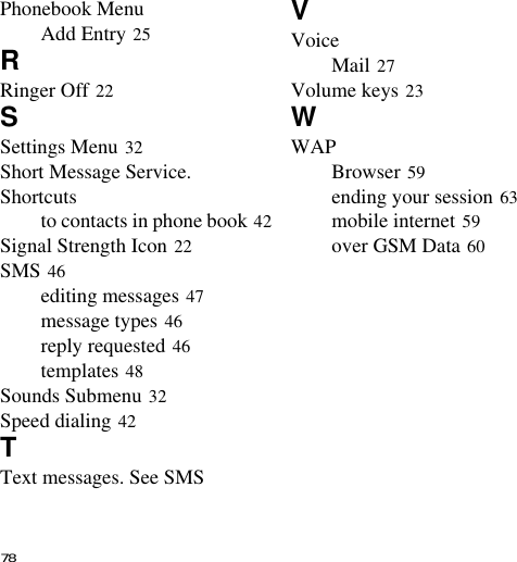 78Phonebook MenuAdd Entry 25RRinger Off 22SSettings Menu 32Short Message Service.Shortcutsto contacts in phone book 42Signal Strength Icon 22SMS 46editing messages 47message types 46reply requested 46templates 48Sounds Submenu 32Speed dialing 42TText messages. See SMSVVoiceMail 27Volume keys 23WWAPBrowser 59ending your session 63mobile internet 59over GSM Data 60