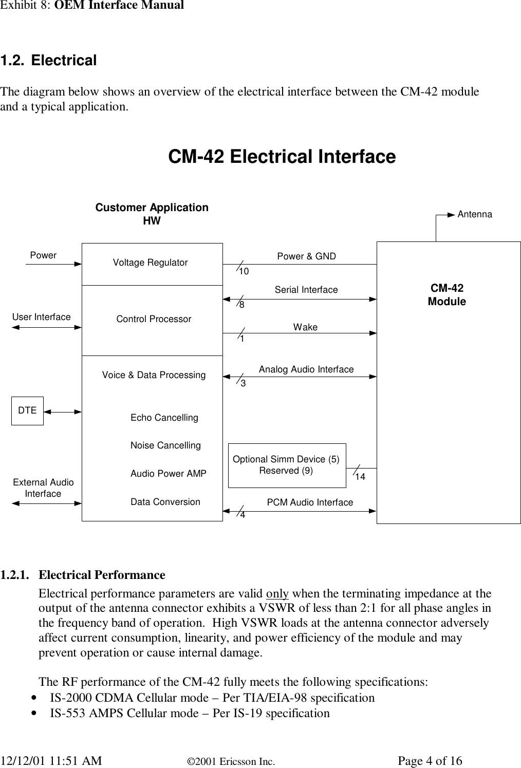 Exhibit 8: OEM Interface Manual12/12/01 11:51 AM ©2001 Ericsson Inc. Page 4 of 161.2. ElectricalThe diagram below shows an overview of the electrical interface between the CM-42 moduleand a typical application.CM-42 Electrical InterfaceCustomer ApplicationHWVoltage RegulatorControl ProcessorVoice &amp; Data ProcessingŸEcho CancellingŸNoise CancellingŸAudio Power AMPŸData ConversionDTEPowerExternal AudioInterfaceAntennaUser Interface8Power &amp; GNDSerial InterfaceWakeAnalog Audio Interface1013144Optional Simm Device (5)Reserved (9)CM-42ModulePCM Audio Interface1.2.1. Electrical PerformanceElectrical performance parameters are valid only when the terminating impedance at theoutput of the antenna connector exhibits a VSWR of less than 2:1 for all phase angles inthe frequency band of operation.  High VSWR loads at the antenna connector adverselyaffect current consumption, linearity, and power efficiency of the module and mayprevent operation or cause internal damage.The RF performance of the CM-42 fully meets the following specifications:• IS-2000 CDMA Cellular mode – Per TIA/EIA-98 specification• IS-553 AMPS Cellular mode – Per IS-19 specification