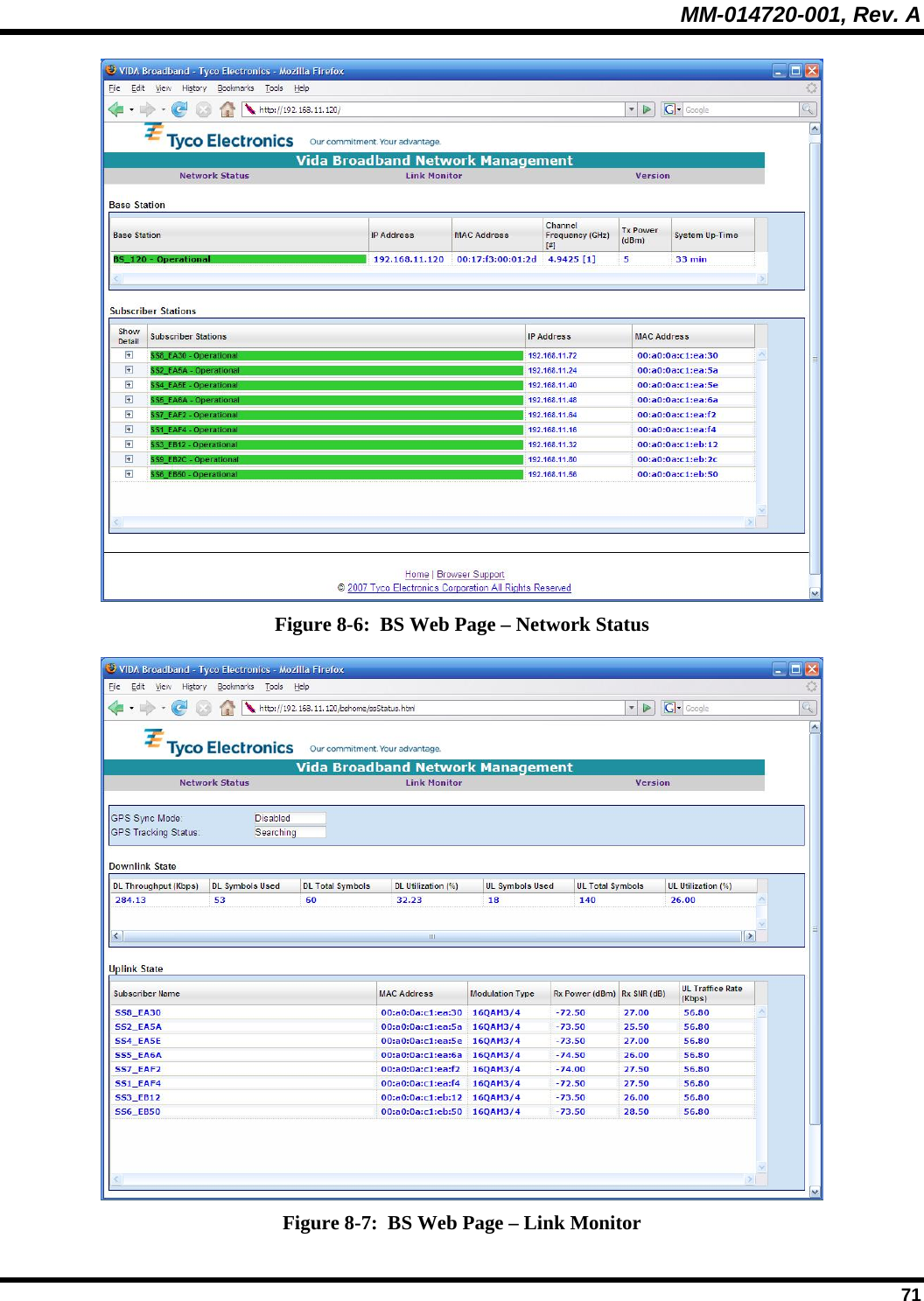 MM-014720-001, Rev. A  71  Figure 8-6:  BS Web Page – Network Status  Figure 8-7:  BS Web Page – Link Monitor 