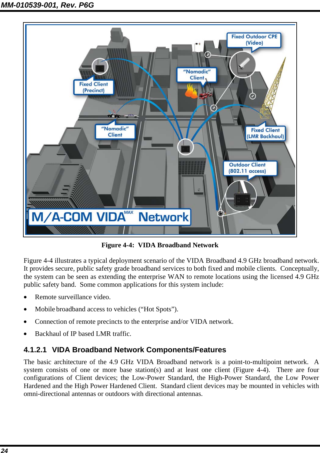 MM-010539-001, Rev. P6G 24  Figure 4-4:  VIDA Broadband Network  Figure 4-4 illustrates a typical deployment scenario of the VIDA Broadband 4.9 GHz broadband network.  It provides secure, public safety grade broadband services to both fixed and mobile clients.  Conceptually, the system can be seen as extending the enterprise WAN to remote locations using the licensed 4.9 GHz public safety band.  Some common applications for this system include: • Remote surveillance video. • Mobile broadband access to vehicles (“Hot Spots”). • Connection of remote precincts to the enterprise and/or VIDA network. • Backhaul of IP based LMR traffic. 4.1.2.1  VIDA Broadband Network Components/Features The basic architecture of the 4.9 GHz VIDA Broadband network is a point-to-multipoint network.  A system consists of one or more base station(s) and at least one client (Figure 4-4).  There are four configurations of Client devices; the Low-Power Standard, the High-Power Standard, the Low Power Hardened and the High Power Hardened Client.  Standard client devices may be mounted in vehicles with omni-directional antennas or outdoors with directional antennas. 