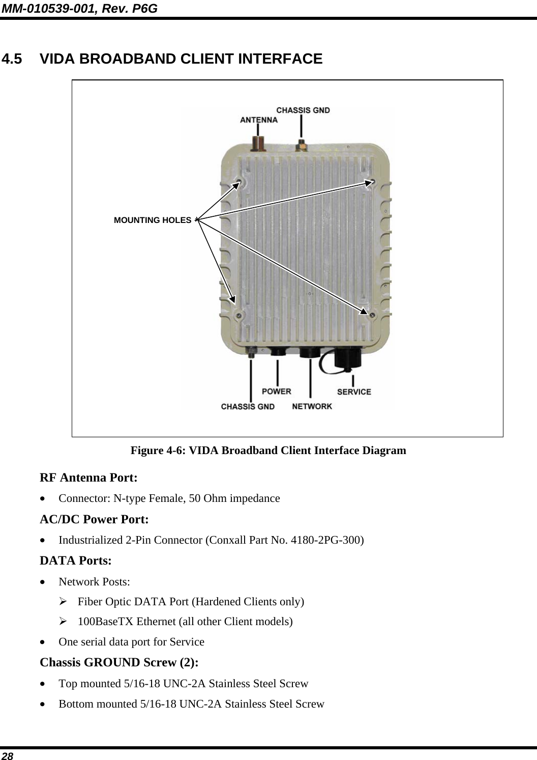 MM-010539-001, Rev. P6G 28 4.5 VIDA BROADBAND CLIENT INTERFACE    Figure 4-6: VIDA Broadband Client Interface Diagram RF Antenna Port: • Connector: N-type Female, 50 Ohm impedance AC/DC Power Port: • Industrialized 2-Pin Connector (Conxall Part No. 4180-2PG-300) DATA Ports: • Network Posts: ¾ Fiber Optic DATA Port (Hardened Clients only) ¾ 100BaseTX Ethernet (all other Client models) • One serial data port for Service Chassis GROUND Screw (2): • Top mounted 5/16-18 UNC-2A Stainless Steel Screw • Bottom mounted 5/16-18 UNC-2A Stainless Steel Screw MOUNTING HOLES 