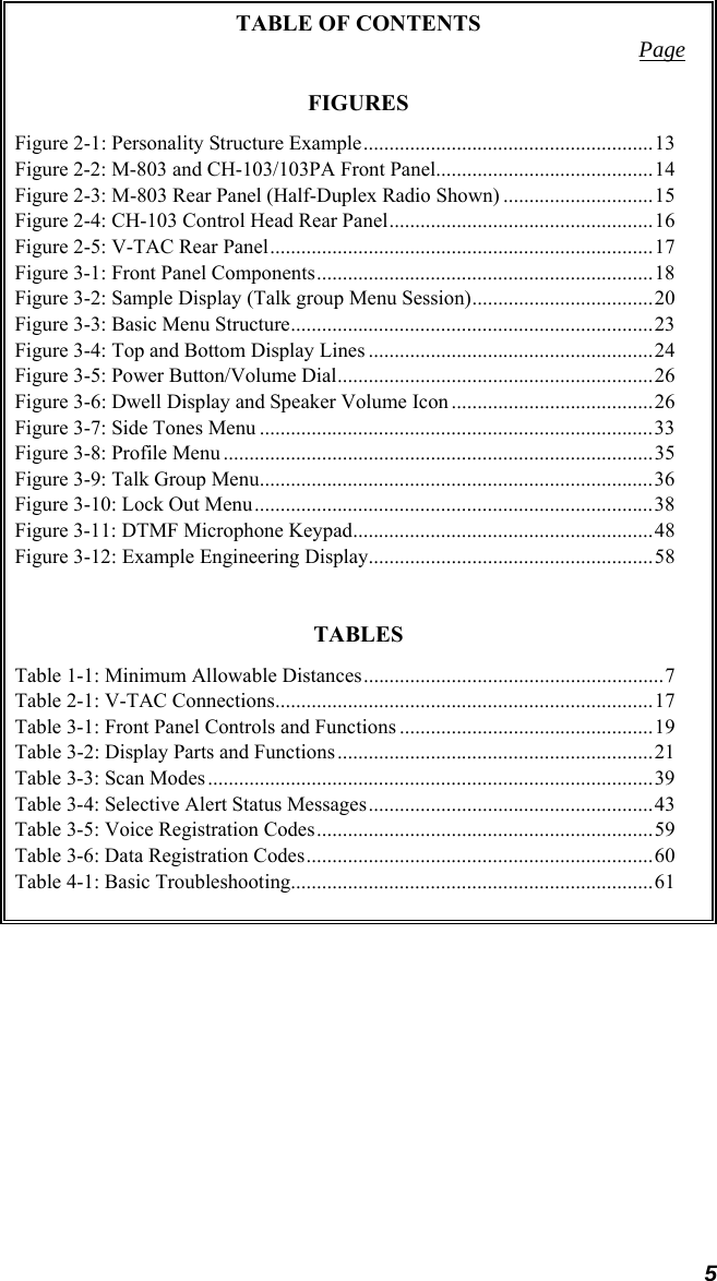 5 TABLE OF CONTENTS  Page FIGURES Figure 2-1: Personality Structure Example........................................................13 Figure 2-2: M-803 and CH-103/103PA Front Panel..........................................14 Figure 2-3: M-803 Rear Panel (Half-Duplex Radio Shown) .............................15 Figure 2-4: CH-103 Control Head Rear Panel...................................................16 Figure 2-5: V-TAC Rear Panel..........................................................................17 Figure 3-1: Front Panel Components.................................................................18 Figure 3-2: Sample Display (Talk group Menu Session)...................................20 Figure 3-3: Basic Menu Structure......................................................................23 Figure 3-4: Top and Bottom Display Lines .......................................................24 Figure 3-5: Power Button/Volume Dial.............................................................26 Figure 3-6: Dwell Display and Speaker Volume Icon .......................................26 Figure 3-7: Side Tones Menu ............................................................................33 Figure 3-8: Profile Menu ...................................................................................35 Figure 3-9: Talk Group Menu............................................................................36 Figure 3-10: Lock Out Menu.............................................................................38 Figure 3-11: DTMF Microphone Keypad..........................................................48 Figure 3-12: Example Engineering Display.......................................................58  TABLES Table 1-1: Minimum Allowable Distances..........................................................7 Table 2-1: V-TAC Connections.........................................................................17 Table 3-1: Front Panel Controls and Functions .................................................19 Table 3-2: Display Parts and Functions.............................................................21 Table 3-3: Scan Modes ......................................................................................39 Table 3-4: Selective Alert Status Messages.......................................................43 Table 3-5: Voice Registration Codes.................................................................59 Table 3-6: Data Registration Codes...................................................................60 Table 4-1: Basic Troubleshooting......................................................................61  