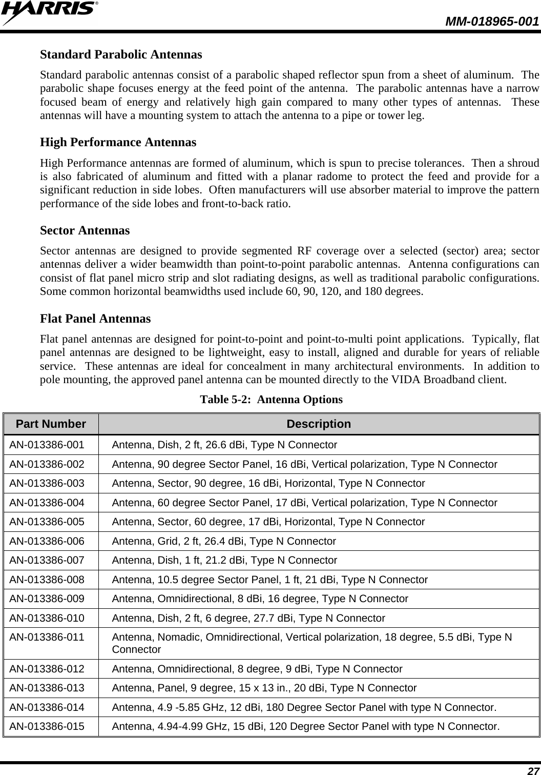  MM-018965-001  27 Standard Parabolic Antennas Standard parabolic antennas consist of a parabolic shaped reflector spun from a sheet of aluminum.  The parabolic shape focuses energy at the feed point of the antenna.  The parabolic antennas have a narrow focused beam of energy and relatively high gain compared to many other types of antennas.  These antennas will have a mounting system to attach the antenna to a pipe or tower leg. High Performance Antennas High Performance antennas are formed of aluminum, which is spun to precise tolerances.  Then a shroud is also fabricated of aluminum and fitted with a planar radome to protect the feed and provide for a significant reduction in side lobes.  Often manufacturers will use absorber material to improve the pattern performance of the side lobes and front-to-back ratio. Sector Antennas Sector antennas are designed to provide segmented RF coverage over a selected (sector) area; sector antennas deliver a wider beamwidth than point-to-point parabolic antennas.  Antenna configurations can consist of flat panel micro strip and slot radiating designs, as well as traditional parabolic configurations.  Some common horizontal beamwidths used include 60, 90, 120, and 180 degrees. Flat Panel Antennas Flat panel antennas are designed for point-to-point and point-to-multi point applications.  Typically, flat panel antennas are designed to be lightweight, easy to install, aligned and durable for years of reliable service.  These antennas are ideal for concealment in many architectural environments.  In addition to pole mounting, the approved panel antenna can be mounted directly to the VIDA Broadband client. Table 5-2:  Antenna Options Part Number Description AN-013386-001 Antenna, Dish, 2 ft, 26.6 dBi, Type N Connector AN-013386-002 Antenna, 90 degree Sector Panel, 16 dBi, Vertical polarization, Type N Connector AN-013386-003 Antenna, Sector, 90 degree, 16 dBi, Horizontal, Type N Connector AN-013386-004 Antenna, 60 degree Sector Panel, 17 dBi, Vertical polarization, Type N Connector AN-013386-005 Antenna, Sector, 60 degree, 17 dBi, Horizontal, Type N Connector AN-013386-006 Antenna, Grid, 2 ft, 26.4 dBi, Type N Connector AN-013386-007 Antenna, Dish, 1 ft, 21.2 dBi, Type N Connector AN-013386-008 Antenna, 10.5 degree Sector Panel, 1 ft, 21 dBi, Type N Connector AN-013386-009 Antenna, Omnidirectional, 8 dBi, 16 degree, Type N Connector AN-013386-010 Antenna, Dish, 2 ft, 6 degree, 27.7 dBi, Type N Connector AN-013386-011 Antenna, Nomadic, Omnidirectional, Vertical polarization, 18 degree, 5.5 dBi, Type N Connector AN-013386-012 Antenna, Omnidirectional, 8 degree, 9 dBi, Type N Connector AN-013386-013 Antenna, Panel, 9 degree, 15 x 13 in., 20 dBi, Type N Connector AN-013386-014 Antenna, 4.9 -5.85 GHz, 12 dBi, 180 Degree Sector Panel with type N Connector. AN-013386-015 Antenna, 4.94-4.99 GHz, 15 dBi, 120 Degree Sector Panel with type N Connector. 