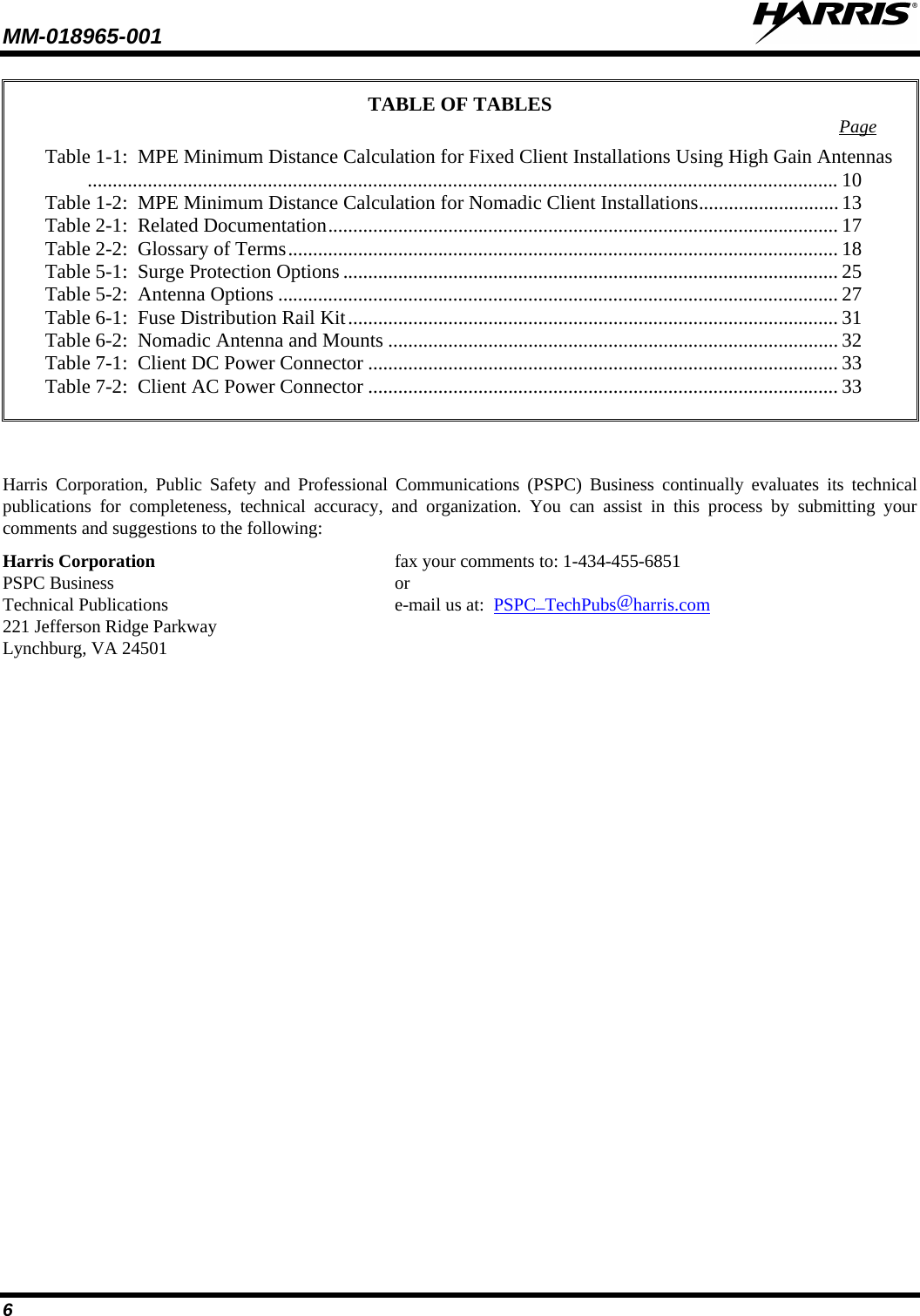 MM-018965-001   6 TABLE OF TABLES  Page  Table 1-1:  MPE Minimum Distance Calculation for Fixed Client Installations Using High Gain Antennas ...................................................................................................................................................... 10 Table 1-2:  MPE Minimum Distance Calculation for Nomadic Client Installations ............................ 13 Table 2-1:  Related Documentation ...................................................................................................... 17 Table 2-2:  Glossary of Terms .............................................................................................................. 18 Table 5-1:  Surge Protection Options ................................................................................................... 25 Table 5-2:  Antenna Options ................................................................................................................ 27 Table 6-1:  Fuse Distribution Rail Kit .................................................................................................. 31 Table 6-2:  Nomadic Antenna and Mounts .......................................................................................... 32 Table 7-1:  Client DC Power Connector .............................................................................................. 33 Table 7-2:  Client AC Power Connector .............................................................................................. 33    Harris Corporation, Public Safety and Professional Communications (PSPC) Business continually evaluates its technical publications for completeness, technical accuracy, and organization. You can assist in this process by submitting your comments and suggestions to the following: Harris Corporation    fax your comments to: 1-434-455-6851 PSPC Business    or Technical Publications    e-mail us at:  PSPC_TechPubs@harris.com 221 Jefferson Ridge Parkway Lynchburg, VA 24501    