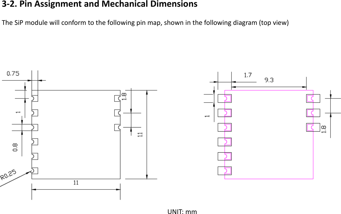   12 3-2. Pin Assignment and Mechanical Dimensions The SiP module will conform to the following pin map, shown in the following diagram (top view)   UNIT: mm  Pin1 Pin9TOP View