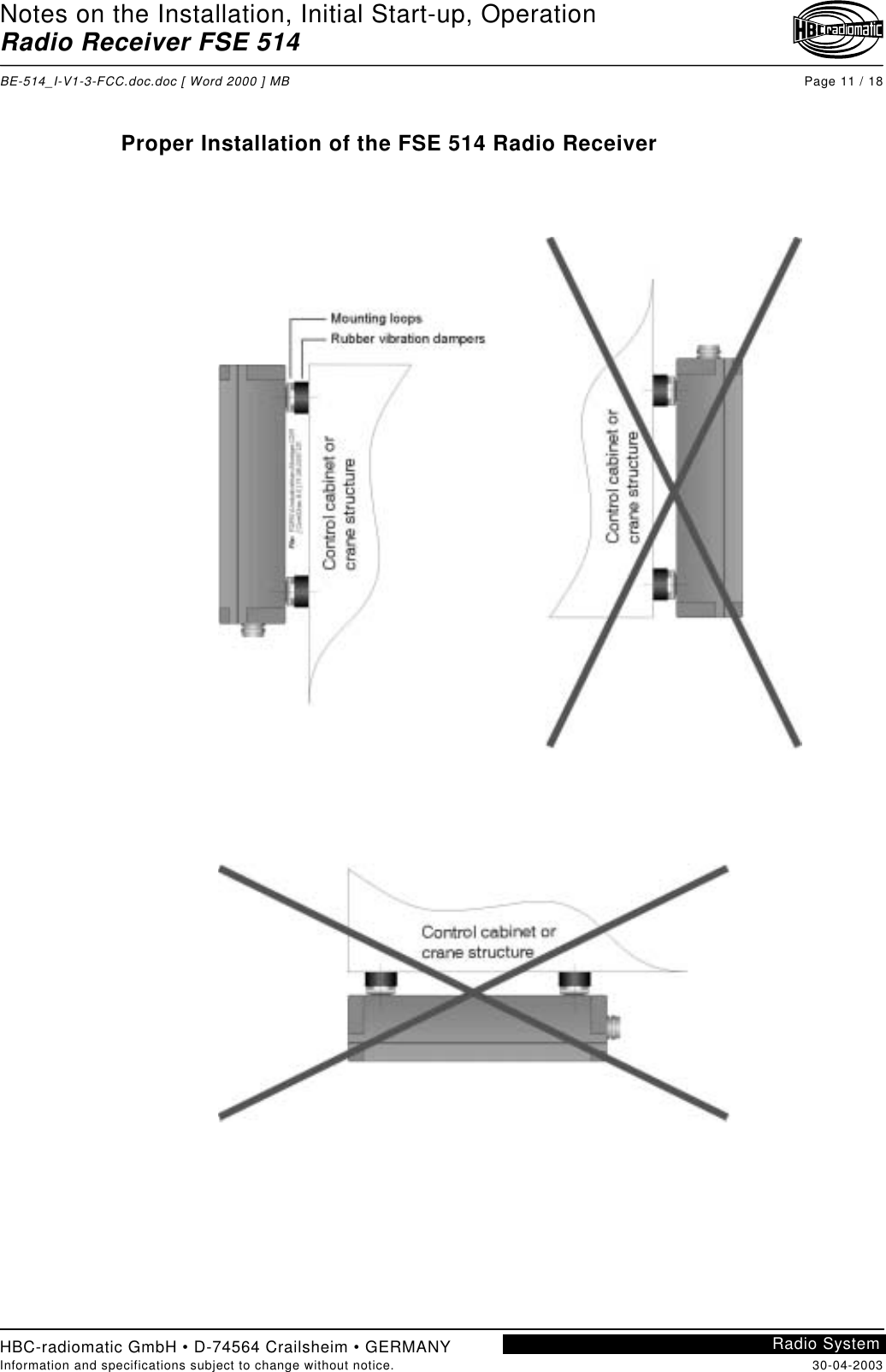 Notes on the Installation, Initial Start-up, OperationRadio Receiver FSE 514BE-514_I-V1-3-FCC.doc.doc [ Word 2000 ] MB Page 11 / 18HBC-radiomatic GmbH • D-74564 Crailsheim • GERMANYInformation and specifications subject to change without notice. 30-04-2003Radio SystemProper Installation of the FSE 514 Radio Receiver