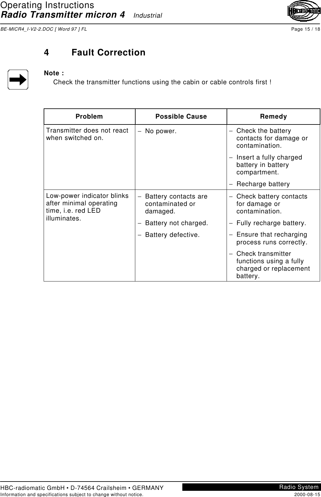 Operating InstructionsRadio Transmitter micron 4   IndustrialBE-MICR4_I-V2-2.DOC [ Word 97 ] FL Page 15 / 18HBC-radiomatic GmbH • D-74564 Crailsheim • GERMANYInformation and specifications subject to change without notice. 2000-08-15Radio System4Fault CorrectionNote :Check the transmitter functions using the cabin or cable controls first !Problem Possible Cause RemedyTransmitter does not reactwhen switched on. − No power. − Check the batterycontacts for damage orcontamination.− Insert a fully chargedbattery in batterycompartment.− Recharge batteryLow-power indicator blinksafter minimal operatingtime, i.e. red LEDilluminates.− Battery contacts arecontaminated ordamaged.− Battery not charged.− Battery defective.− Check battery contactsfor damage orcontamination.− Fully recharge battery.− Ensure that rechargingprocess runs correctly.− Check transmitterfunctions using a fullycharged or replacementbattery.