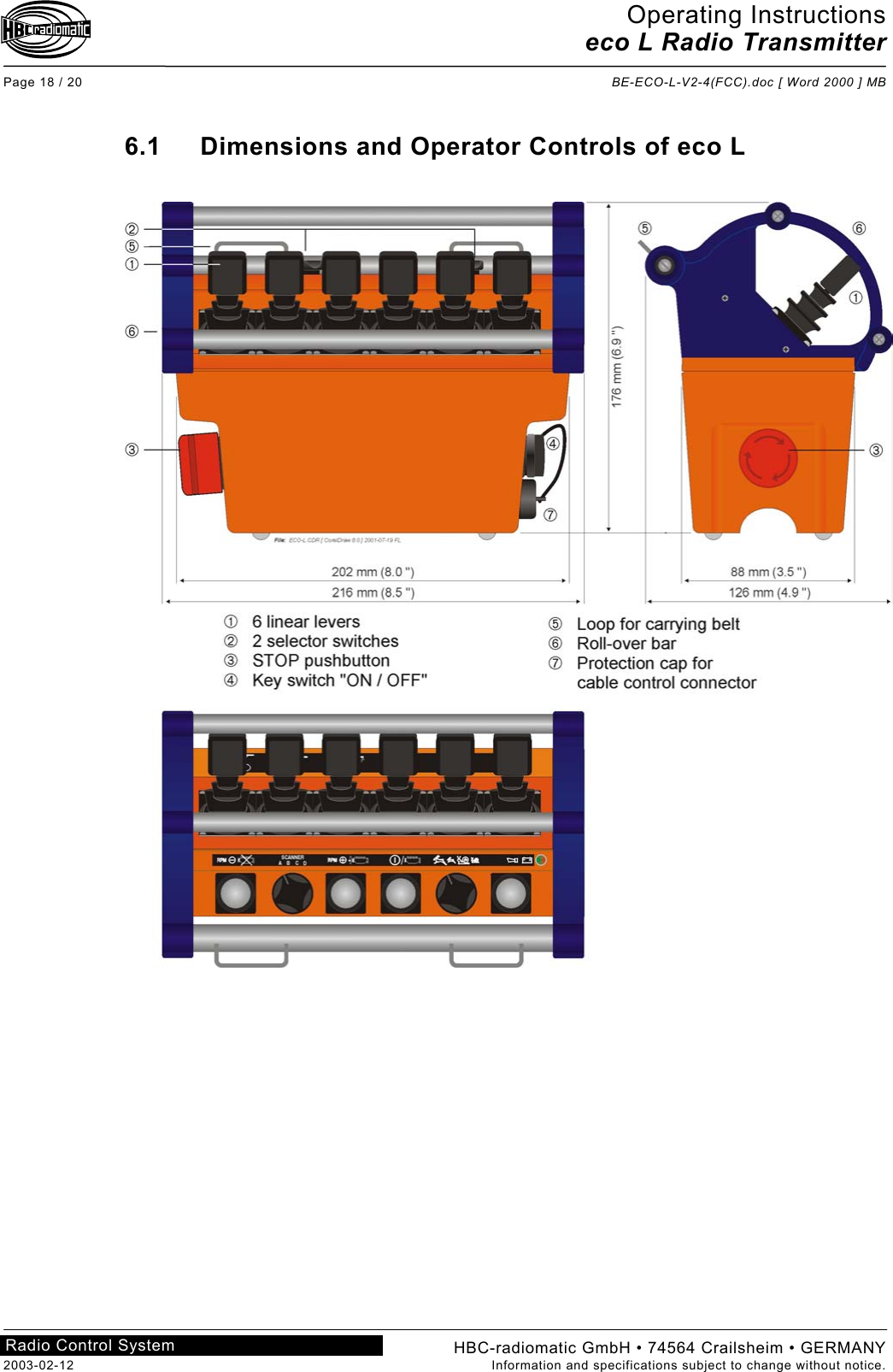 Operating Instructions eco L Radio Transmitter  Page 18 / 20  BE-ECO-L-V2-4(FCC).doc [ Word 2000 ] MB HBC-radiomatic GmbH • 74564 Crailsheim • GERMANY 2003-02-12  Information and specifications subject to change without notice. Radio Control System     6.1 Dimensions and Operator Controls of eco L     