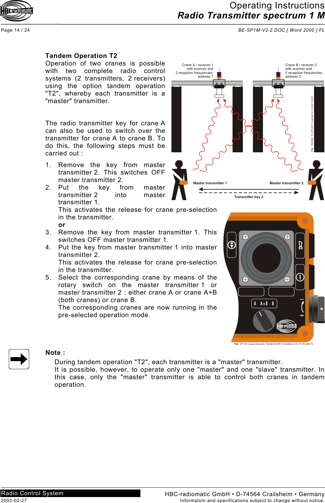 Operating Instructions Radio Transmitter spectrum 1 M  Page 14 / 24  BE-SP1M-V2-2.DOC [ Word 2000 ] FL HBC-radiomatic GmbH • D-74564 Crailsheim • Germany 2002-02-27  Information and specifications subject to change without notice. Radio Control System      Tandem Operation T2 Operation of two cranes is possible with two complete radio control systems (2 transmitters, 2 receivers) using the option tandem operation &quot;T2&quot;, whereby each transmitter is a &quot;master&quot; transmitter.   The radio transmitter key for crane A can also be used to switch over the transmitter for crane A to crane B. To do this, the following steps must be carried out : 1.  Remove the key from master transmitter 2. This switches OFF master transmitter 2. 2. Put the key from master transmitter 2 into master transmitter 1. This activates the release for crane pre-selection in the transmitter. or 3.  Remove the key from master transmitter 1. This switches OFF master transmitter 1. 4.  Put the key from master transmitter 1 into master transmitter 2. This activates the release for crane pre-selection in the transmitter. 5.  Select the corresponding crane by means of the rotary switch on the master transmitter 1 or master transmitter 2 : either crane A or crane A+B (both cranes) or crane B. The corresponding cranes are now running in the pre-selected operation mode.     Note : During tandem operation &quot;T2&quot;, each transmitter is a &quot;master&quot; transmitter. It is possible, however, to operate only one &quot;master&quot; and one &quot;slave&quot; transmitter. In this case, only the &quot;master&quot; transmitter is able to control both cranes in tandem operation.   Transmitter key 2Crane B / receiver 2with scanner and2 reception frequencies,address 2Crane A / receiver 1with scanner and 2 reception frequencies,address 1File:  TANDEM_T2_SP.CDR [ CorelDraw 8.0 ] 2000-11-06 FLMaster transmitter 1 Master transmitter 2File:  SP-1M_Layout-Industrie_Tandemf.CDR [ CorelDraw 8.0 ] 27.09.2000 FL0            1A   A+B   B