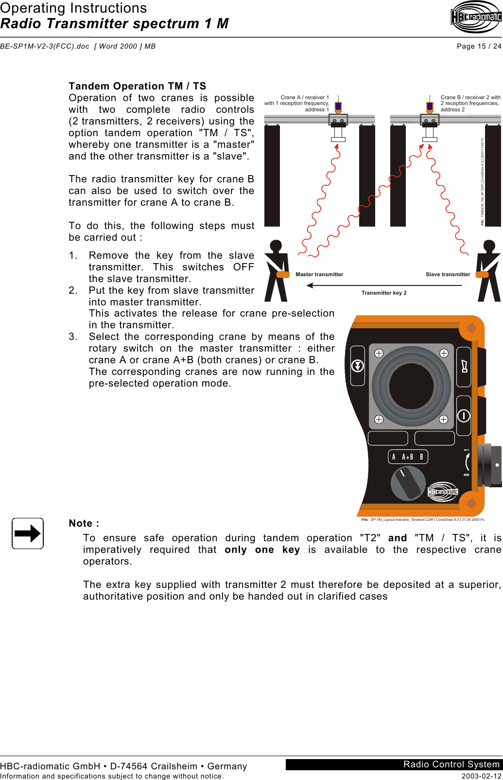 Operating Instructions Radio Transmitter spectrum 1 M  BE-SP1M-V2-3(FCC).doc  [ Word 2000 ] MB Page 15 / 24 HBC-radiomatic GmbH • D-74564 Crailsheim • Germany Information and specifications subject to change without notice.  2003-02-12 Radio Control System     Tandem Operation TM / TS Operation of two cranes is possible with two complete radio controls (2 transmitters, 2 receivers) using the option tandem operation &quot;TM / TS&quot;, whereby one transmitter is a &quot;master&quot; and the other transmitter is a &quot;slave&quot;.  The radio transmitter key for crane B can also be used to switch over the transmitter for crane A to crane B.  To do this, the following steps must be carried out : 1.  Remove the key from the slave transmitter. This switches OFF the slave transmitter. 2.  Put the key from slave transmitter into master transmitter. This activates the release for crane pre-selection in the transmitter. 3.  Select the corresponding crane by means of the rotary switch on the master transmitter : either crane A or crane A+B (both cranes) or crane B. The corresponding cranes are now running in the pre-selected operation mode.            Note : To ensure safe operation during tandem operation &quot;T2&quot; and &quot;TM / TS&quot;, it is imperatively required that only one key is available to the respective crane operators.  The extra key supplied with transmitter 2 must therefore be deposited at a superior, authoritative position and only be handed out in clarified cases   Transmitter key 2Crane B / receiver 2 with2 reception frequencies,address 2Crane A / receiver 1with 1 reception frequency,address 1File:  TANDEM_TM_SP.CDR [ CorelDraw 8.0 ] 2000-11-06 FLMaster transmitter Slave transmitterFile:  SP-1M_Layout-Industrie_Tandemf.CDR [ CorelDraw 8.0 ] 27.09.2000 FL0            1A   A+B   B