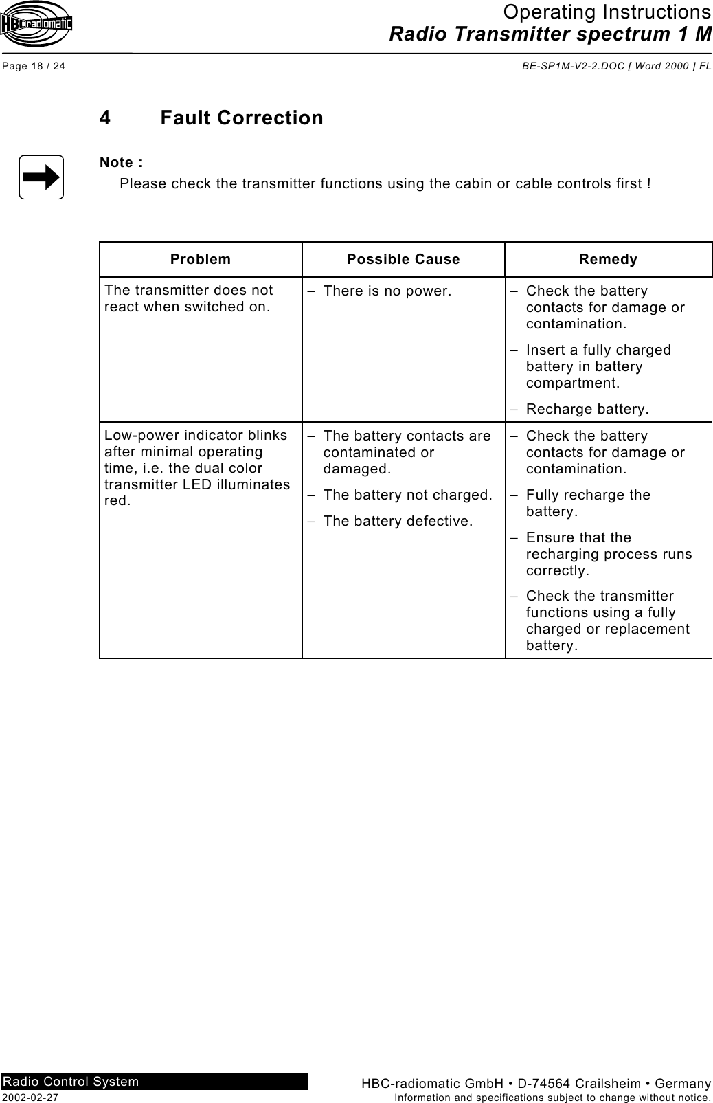 Operating Instructions Radio Transmitter spectrum 1 M  Page 18 / 24  BE-SP1M-V2-2.DOC [ Word 2000 ] FL HBC-radiomatic GmbH • D-74564 Crailsheim • Germany 2002-02-27  Information and specifications subject to change without notice. Radio Control System     4 Fault Correction  Note : Please check the transmitter functions using the cabin or cable controls first !    Problem Possible Cause  Remedy The transmitter does not react when switched on. −  There is no power.  −  Check the battery contacts for damage or contamination. −  Insert a fully charged battery in battery compartment. −  Recharge battery. Low-power indicator blinks after minimal operating time, i.e. the dual color transmitter LED illuminates red. −  The battery contacts are contaminated or damaged. −  The battery not charged. −  The battery defective. −  Check the battery contacts for damage or contamination. −  Fully recharge the battery. −  Ensure that the recharging process runs correctly. −  Check the transmitter functions using a fully charged or replacement battery.    