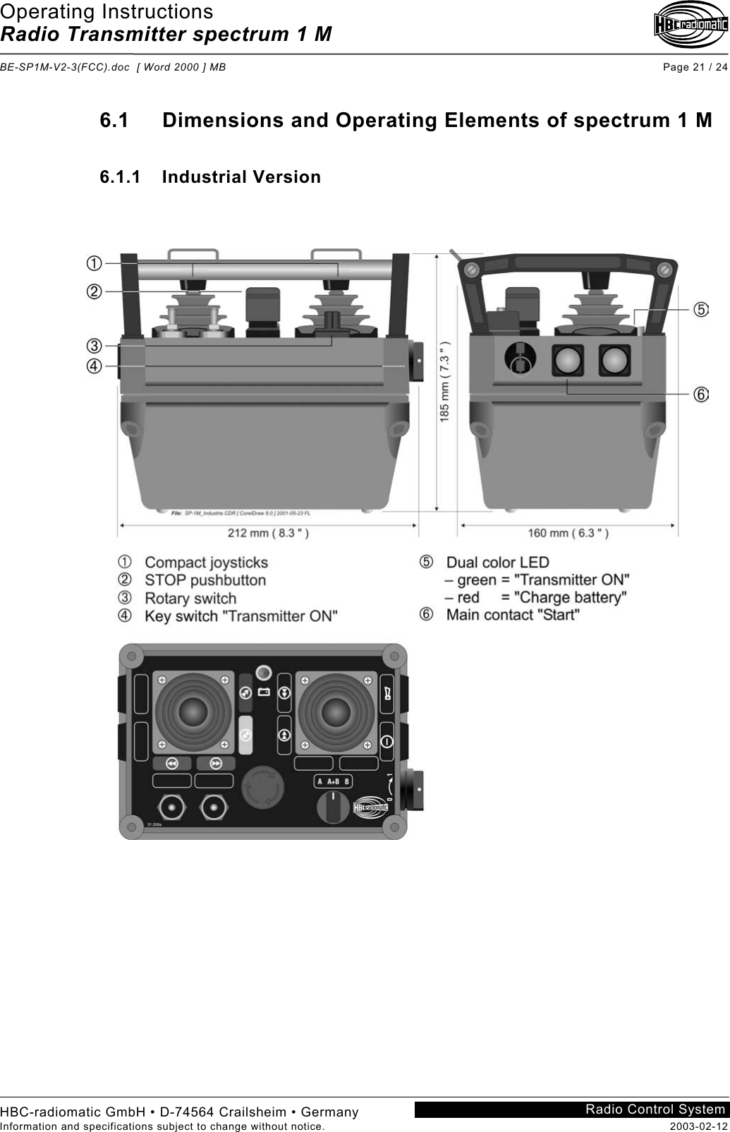 Operating Instructions Radio Transmitter spectrum 1 M  BE-SP1M-V2-3(FCC).doc  [ Word 2000 ] MB Page 21 / 24 HBC-radiomatic GmbH • D-74564 Crailsheim • Germany Information and specifications subject to change without notice.  2003-02-12 Radio Control System    6.1 Dimensions and Operating Elements of spectrum 1 M  6.1.1 Industrial Version       