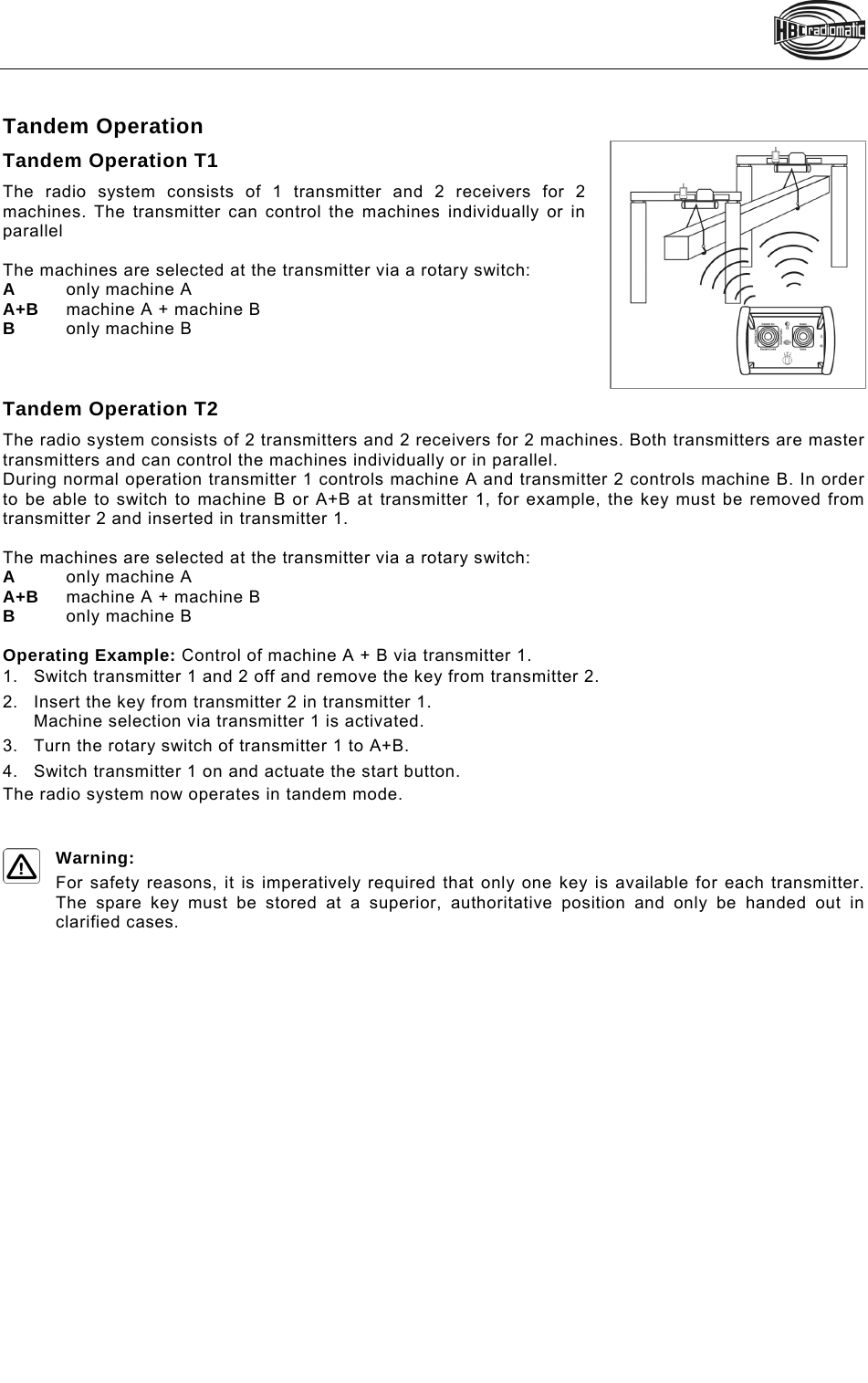    Tandem Operation Tandem Operation T1 The radio system consists of 1 transmitter and 2 receivers for 2 machines. The transmitter can control the machines individually or in parallel  The machines are selected at the transmitter via a rotary switch: A only machine A A+B  machine A + machine B B   only machine B    Tandem Operation T2 The radio system consists of 2 transmitters and 2 receivers for 2 machines. Both transmitters are master transmitters and can control the machines individually or in parallel. During normal operation transmitter 1 controls machine A and transmitter 2 controls machine B. In order to be able to switch to machine B or A+B at transmitter 1, for example, the key must be removed from transmitter 2 and inserted in transmitter 1.  The machines are selected at the transmitter via a rotary switch: A  only machine A A+B  machine A + machine B B   only machine B  Operating Example: Control of machine A + B via transmitter 1. 1.Switch transmitter 1 and 2 off and remove the key from transmitter 2. 2.Insert the key from transmitter 2 in transmitter 1.  Machine selection via transmitter 1 is activated.  3.Turn the rotary switch of transmitter 1 to A+B.  4.Switch transmitter 1 on and actuate the start button.  The radio system now operates in tandem mode.   Warning: For safety reasons, it is imperatively required that only one key is available for each transmitter. The spare key must be stored at a superior, authoritative position and only be handed out in clarified cases.    