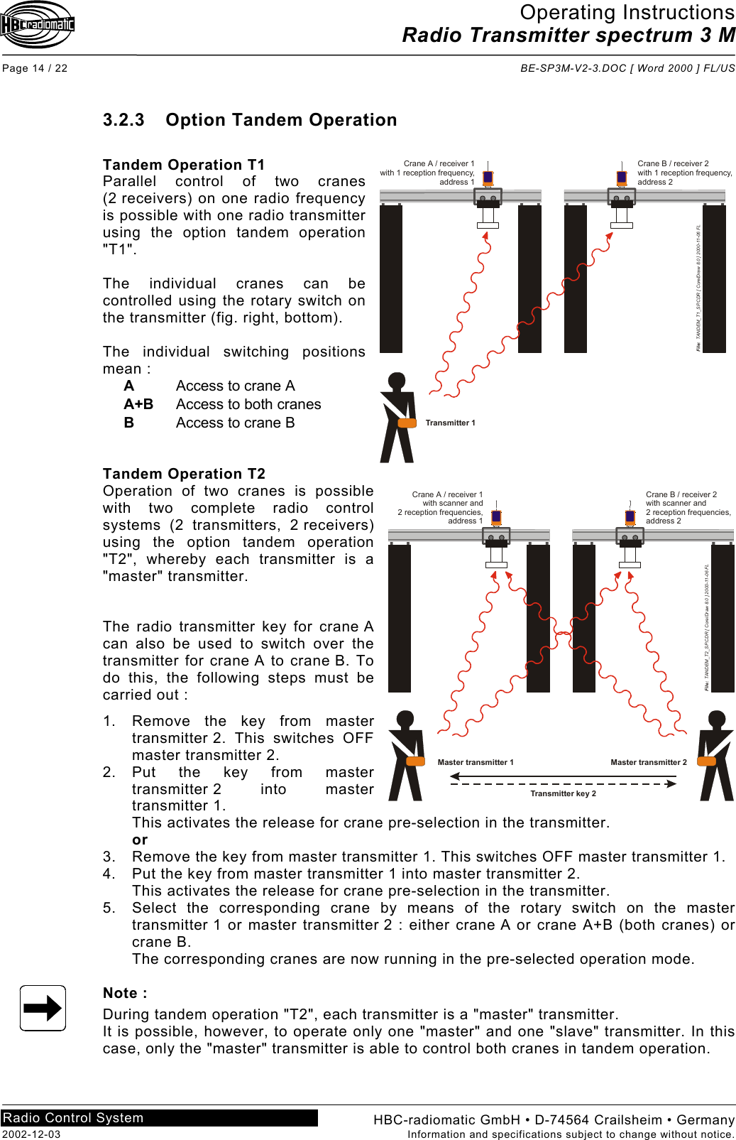 Operating Instructions Radio Transmitter spectrum 3 M  Page 14 / 22  BE-SP3M-V2-3.DOC [ Word 2000 ] FL/US HBC-radiomatic GmbH • D-74564 Crailsheim • Germany 2002-12-03  Information and specifications subject to change without notice. Radio Control System     3.2.3 Option Tandem Operation  Tandem Operation T1 Parallel control of two cranes (2 receivers) on one radio frequency is possible with one radio transmitter using the option tandem operation &quot;T1&quot;.  The individual cranes can be controlled using the rotary switch on the transmitter (fig. right, bottom).  The individual switching positions mean : A  Access to crane A A+B  Access to both cranes B  Access to crane B   Tandem Operation T2 Operation of two cranes is possible with two complete radio control systems (2 transmitters, 2 receivers) using the option tandem operation &quot;T2&quot;, whereby each transmitter is a &quot;master&quot; transmitter.   The radio transmitter key for crane A can also be used to switch over the transmitter for crane A to crane B. To do this, the following steps must be carried out : 1.  Remove the key from master transmitter 2. This switches OFF master transmitter 2. 2. Put the key from master transmitter 2 into master transmitter 1. This activates the release for crane pre-selection in the transmitter. or 3.  Remove the key from master transmitter 1. This switches OFF master transmitter 1. 4.  Put the key from master transmitter 1 into master transmitter 2. This activates the release for crane pre-selection in the transmitter. 5.  Select the corresponding crane by means of the rotary switch on the master transmitter 1 or master transmitter 2 : either crane A or crane A+B (both cranes) or crane B. The corresponding cranes are now running in the pre-selected operation mode.  Note : During tandem operation &quot;T2&quot;, each transmitter is a &quot;master&quot; transmitter. It is possible, however, to operate only one &quot;master&quot; and one &quot;slave&quot; transmitter. In this case, only the &quot;master&quot; transmitter is able to control both cranes in tandem operation.  Crane B / receiver 2with 1 reception frequency,address 2Crane A / receiver 1with 1 reception frequency,address 1File:  TANDEM_T1_SP.CDR [ CorelDraw 8.0 ] 2000-11-06 FLTransmitter 1Transmitter key 2Crane B / receiver 2with scanner and2 reception frequencies,address 2Crane A / receiver 1with scanner and 2 reception frequencies,address 1File:  TANDEM_T2_SP.CDR [ CorelDraw 8.0 ] 2000-11-06 FLMaster transmitter 1 Master transmitter 2