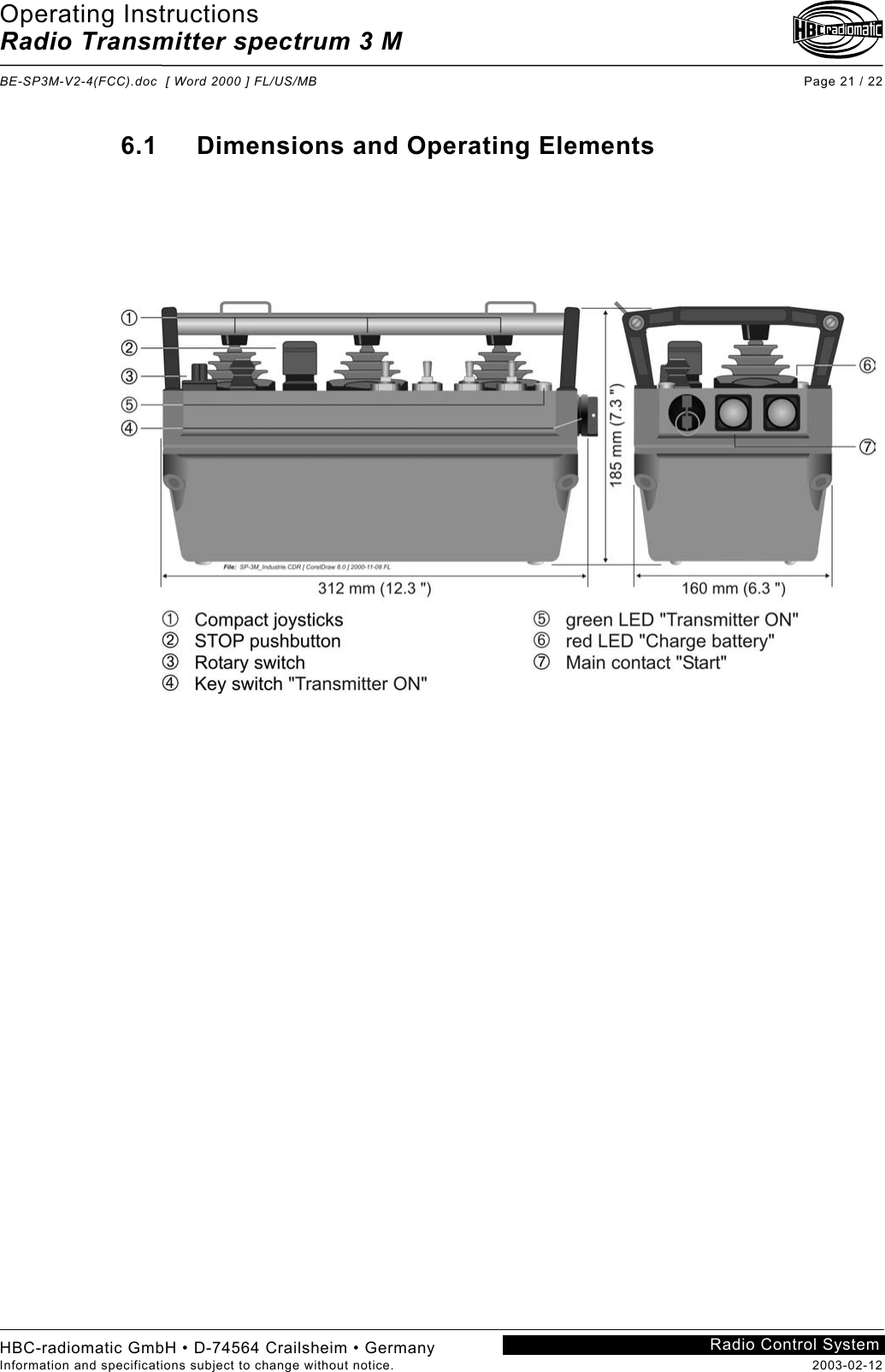 Operating Instructions Radio Transmitter spectrum 3 M  BE-SP3M-V2-4(FCC).doc  [ Word 2000 ] FL/US/MB Page 21 / 22 HBC-radiomatic GmbH • D-74564 Crailsheim • Germany Information and specifications subject to change without notice.  2003-02-12 Radio Control System    6.1 Dimensions and Operating Elements        