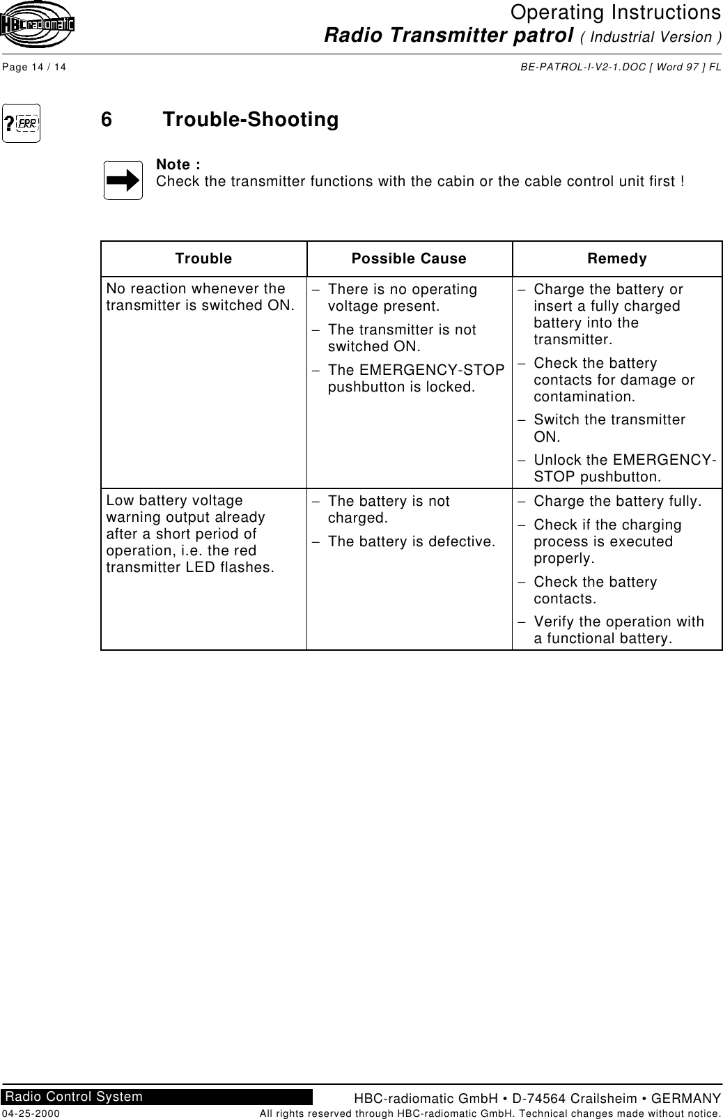Operating InstructionsRadio Transmitter patrol ( Industrial Version )Page 14 / 14 BE-PATROL-I-V2-1.DOC [ Word 97 ] FLHBC-radiomatic GmbH • D-74564 Crailsheim • GERMANY04-25-2000 All rights reserved through HBC-radiomatic GmbH. Technical changes made without notice.Radio Control System6Trouble-ShootingNote :Check the transmitter functions with the cabin or the cable control unit first !Trouble Possible Cause RemedyNo reaction whenever thetransmitter is switched ON. − There is no operatingvoltage present.− The transmitter is notswitched ON.− The EMERGENCY-STOPpushbutton is locked.− Charge the battery orinsert a fully chargedbattery into thetransmitter.− Check the batterycontacts for damage orcontamination.− Switch the transmitterON.− Unlock the EMERGENCY-STOP pushbutton.Low battery voltagewarning output alreadyafter a short period ofoperation, i.e. the redtransmitter LED flashes.− The battery is notcharged.− The battery is defective.− Charge the battery fully.− Check if the chargingprocess is executedproperly.− Check the batterycontacts.− Verify the operation witha functional battery.