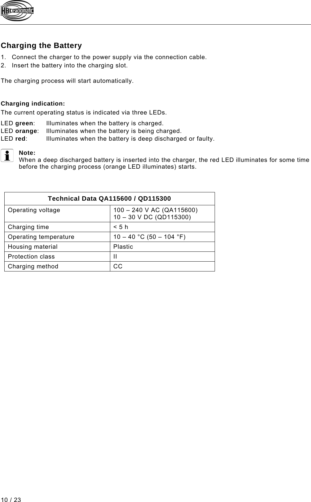  10 / 23 Pos: 68 /Technische Dok umentation/Betriebs anleitungen/Send er/Akku_Ladegerät/ Module/NiMH_Ladeg erät @ 10\mod_138511173181 2_48.docx @ 114468 @ 2 @ 1  Charging the Battery 1. Connect the charger to the power supply via the connection cable. 2. Insert the battery into the charging slot.  The charging process will start automatically.   Charging indication: The current operating status is indicated via three LEDs. LED green:  Illuminates when the battery is charged.  LED orange:  Illuminates when the battery is being charged. LED red:  Illuminates when the battery is deep discharged or faulty.   Note: When a deep discharged battery is inserted into the charger, the red LED illuminates for some time before the charging process (orange LED illuminates) starts.   Pos: 70 /Technische Dok umentation/Betriebs anleitungen/Send er/Akku_Ladegerät/ Module/TD_QA115600_ QD115300 @ 11\mod_141898 5122667_48.doc x @ 129391 @  @ 1   Technical Data QA115600 / QD115300 Operating voltage 100 – 240 V AC (QA115600) 10 – 30 V DC (QD115300) Charging time &lt; 5 h Operating temperature 10 – 40 °C (50 – 104 °F) Housing material Plastic Protection class II Charging method CC  Pos: 71 /Technische Dok umentation/Betriebs anleitungen/Al lgemein/----- Seitenumbruch ------ @ 1\mod_1219672326234_0.d ocx @ 29509 @  @ 1     