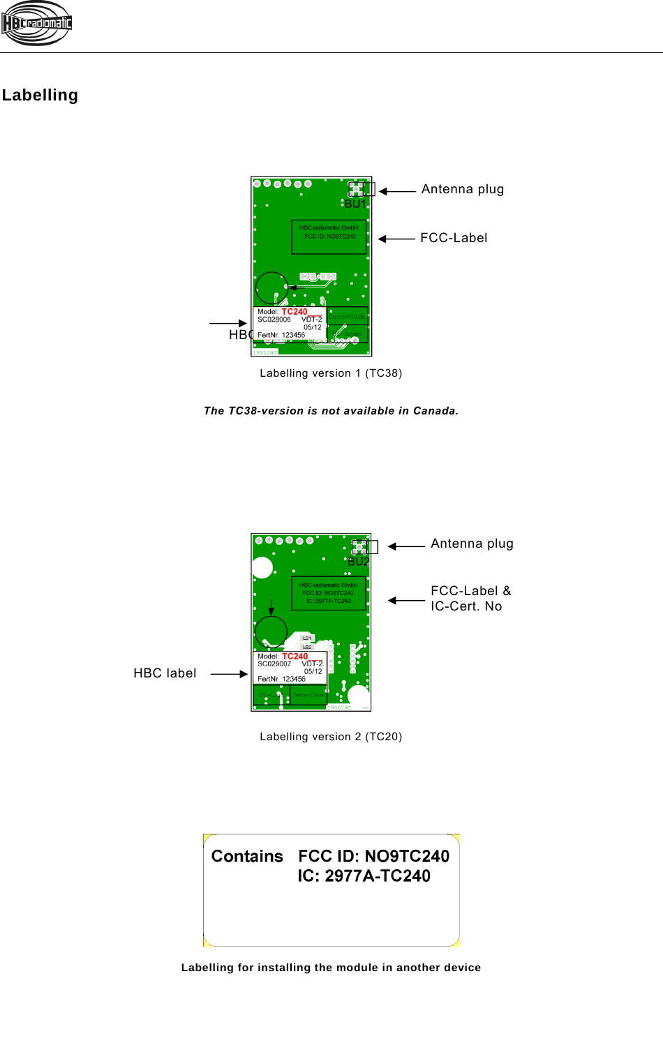   Labelling                  Labelling version 1 (TC38)   The TC38-version is not available in Canada.                      Labelling version 2 (TC20)   ===== Ende der S tückliste =====        Labelling for installing the module in another device    HBC label Antenna plug FCC-Label HBC label Antenna plug FCC-Label &amp; IC-Cert. No 