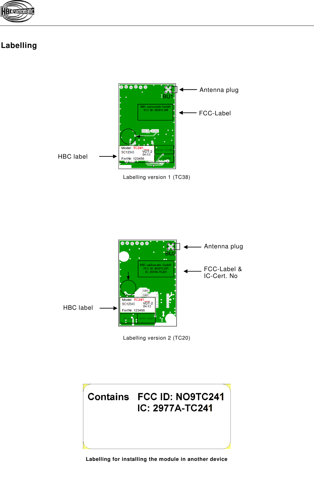   Labelling                                                                          HBC label   Labelling version 1 (TC38)                       Labelling version 2 (TC20)   ===== Ende der  Stückliste =====         Labelling for installing the module in another device     Antenna plug FCC-Label HBC label Antenna plug FCC-Label &amp; IC-Cert. No 