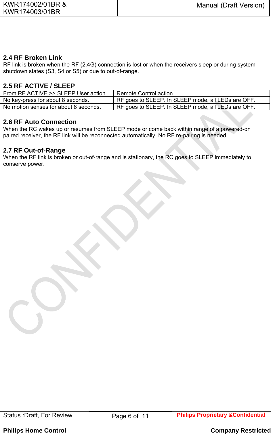 KWR174002/01BR &amp; KWR174003/01BR Manual (Draft Version)  Status :Draft, For Review  Page 6 of  11  Philips Proprietary &amp;Confidential  Philips Home Control   Company Restricted     2.4 RF Broken Link  RF link is broken when the RF (2.4G) connection is lost or when the receivers sleep or during system shutdown states (S3, S4 or S5) or due to out-of-range.   2.5 RF ACTIVE / SLEEP  From RF ACTIVE &gt;&gt; SLEEP User action   Remote Control action  No key-press for about 8 seconds.   RF goes to SLEEP. In SLEEP mode, all LEDs are OFF.  No motion senses for about 8 seconds.   RF goes to SLEEP. In SLEEP mode, all LEDs are OFF.   2.6 RF Auto Connection  When the RC wakes up or resumes from SLEEP mode or come back within range of a powered-on paired receiver, the RF link will be reconnected automatically. No RF re-pairing is needed.  2.7 RF Out-of-Range  When the RF link is broken or out-of-range and is stationary, the RC goes to SLEEP immediately to conserve power.                                