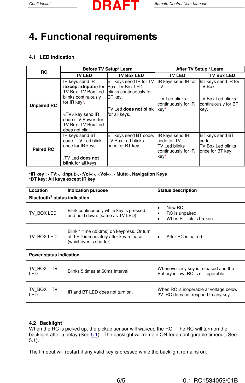 Confidential                                                                                 Google Remote Control User Manual  6/5 0.1, RC1534059/01B DRAFT 4. Functional requirements 4.1  LED Indication   RC Before TV Setup/ Learn After TV Setup / Learn TV LED TV Box LED TV LED TV Box LED Unpaired RC IR keys send IR (except &lt;Input&gt;) for TV Box. TV Box Led blinks continuously for IR key*. &lt;TV&gt; key send IR code (TV Power) for TV Box. TV Box Led does not blink.  BT keys send IR for TV Box. TV Box LED blinks continuously for BT key. TV Led does not blink for all keys. IR keys send IR for TV.  TV Led blinks continuously for IR key*. BT keys send IR for TV Box.  TV Box Led blinks continuously for BT key.  Paired RC IR keys send BT code.  TV Led blink once for IR keys. .TV Led does not blink for all keys. BT keys send BT code.  TV Box Led blinks once for BT key.  IR keys send IR code for TV. TV Led blinks continuously for IR key* BT keys send BT code.  TV Box Led blinks once for BT key.  *IR key : &lt;TV&gt;, &lt;Input&gt;, &lt;Vol+&gt;, &lt;Vol-&gt;, &lt;Mute&gt;, Navigation Keys   *BT key: All keys except IR key  Location Indication purpose Status description Bluetooth status indication TV_BOX LED  Blink continuously while key is pressed and held down. (same as TV LED)    New RC   RC is unpaired.   When BT link is broken. TV_BOX LED  Blink 1 time (250ms) on keypress. Or turn off LED immediately after key release (whichever is shorter)    After RC is paired.  Power status indication TV_BOX + TV LED Blinks 5 times at 50ms interval  Whenever any key is released and the Battery is low, RC is still operable.  TV_BOX + TV LED IR and BT LED does not turn on.  When RC is inoperable at voltage below 2V. RC does not respond to any key   4.2 Backlight When the RC is picked up, the pickup sensor will wakeup the RC.  The RC will turn on the backlight after a delay (See 5.1).  The backlight will remain ON for a configurable timeout (See 5.1).    The timeout will restart if any valid key is pressed while the backlight remains on.  