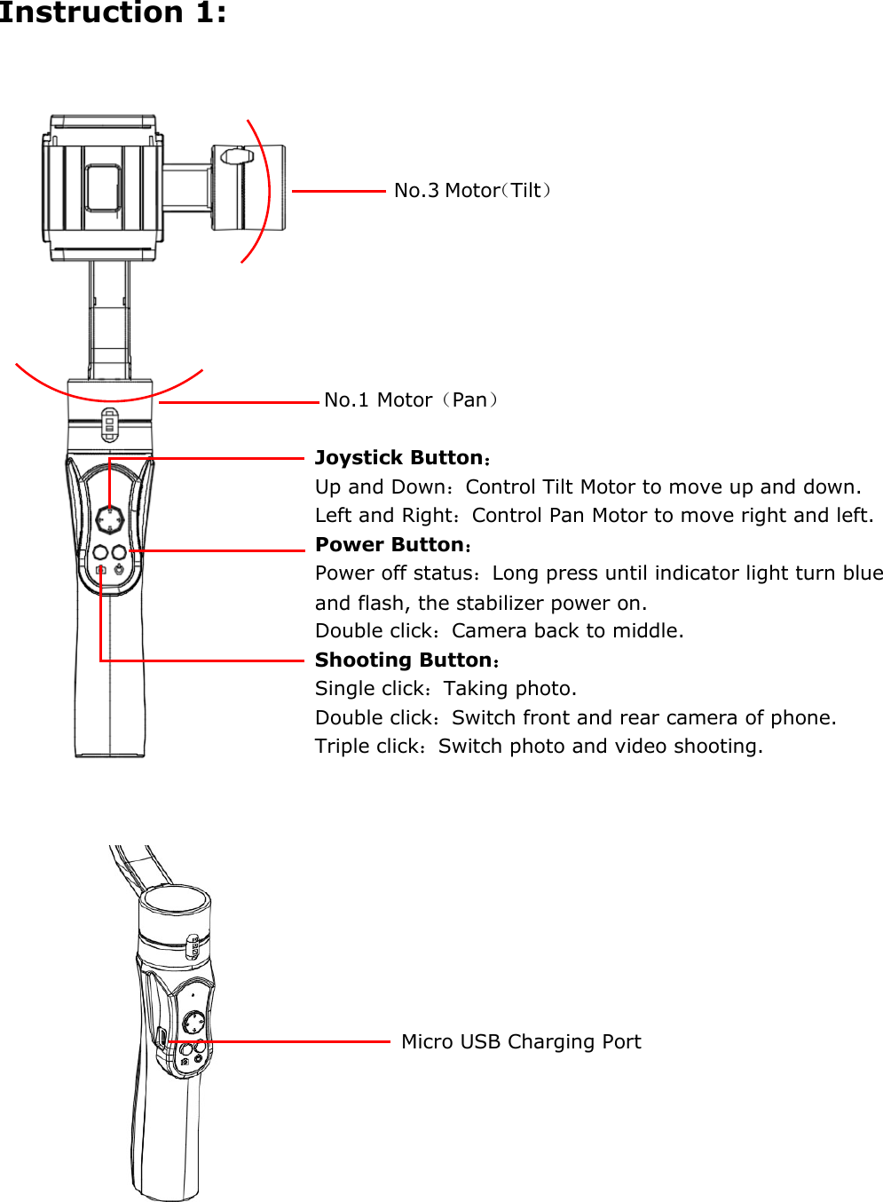  Instruction 1:              No.1 Motor（Pan）  Joystick Button： Up and Down：Control Tilt Motor to move up and down. Left and Right：Control Pan Motor to move right and left. Power Button： Power off status：Long press until indicator light turn blue and flash, the stabilizer power on. Double click：Camera back to middle. Shooting Button： Single click：Taking photo. Double click：Switch front and rear camera of phone. Triple click：Switch photo and video shooting.    Micro USB Charging Port No.3 Motor（Tilt） 