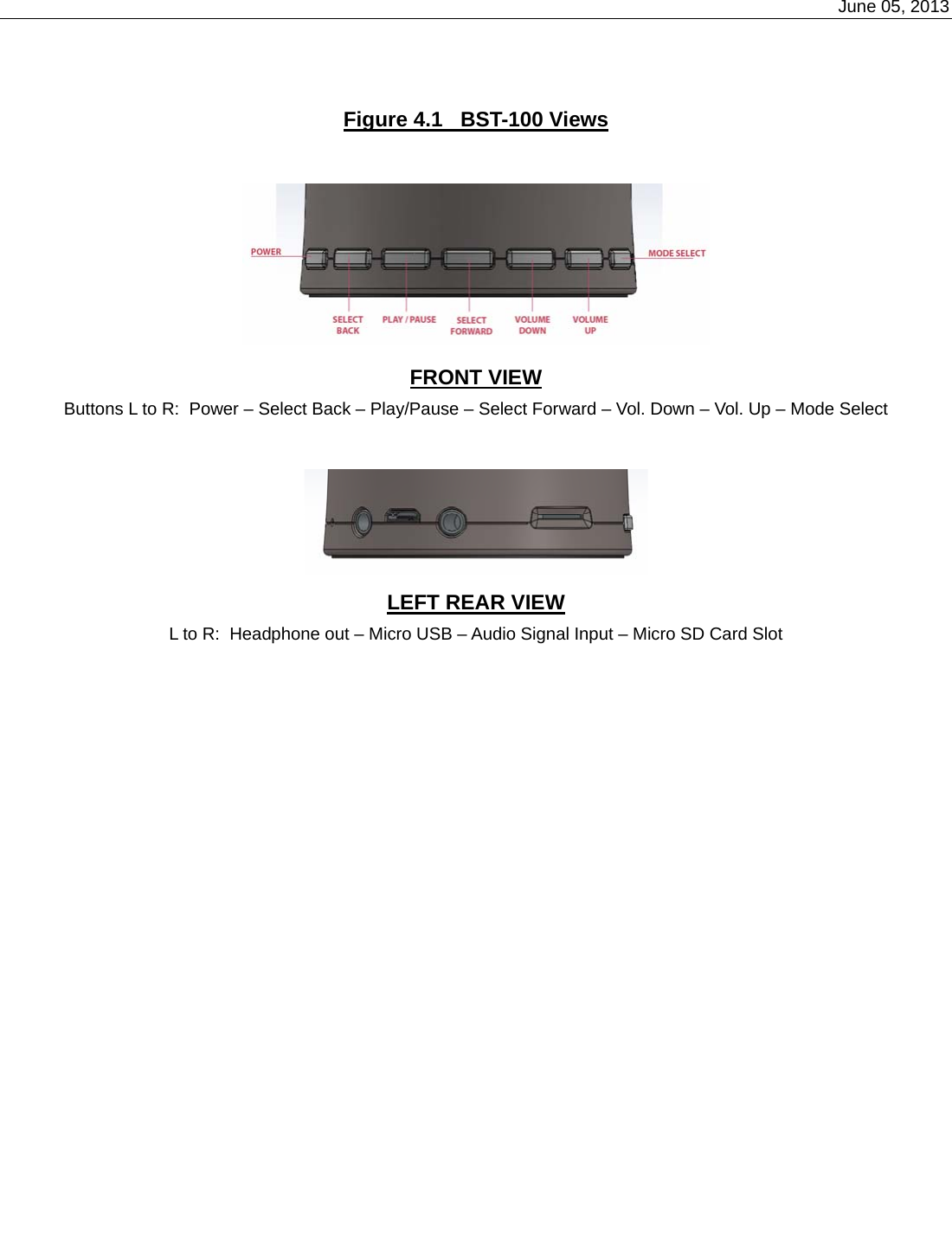    June 05, 2013     Figure 4.1   BST-100 Views   FRONT VIEW Buttons L to R:  Power – Select Back – Play/Pause – Select Forward – Vol. Down – Vol. Up – Mode Select   LEFT REAR VIEW L to R:  Headphone out – Micro USB – Audio Signal Input – Micro SD Card Slot 