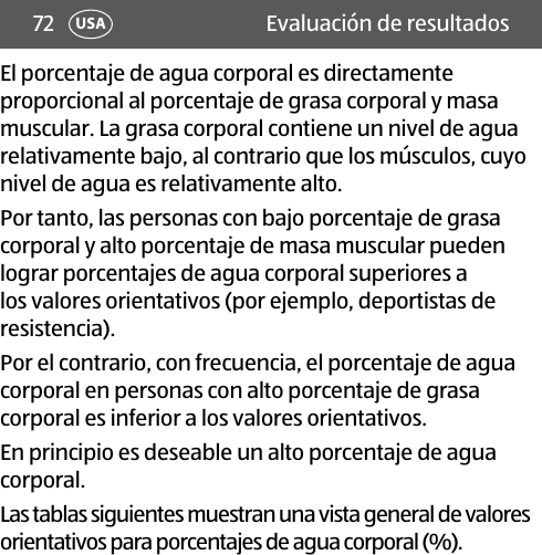 72 USA Evaluación de resultadosEl porcentaje de agua corporal es directamente proporcional al porcentaje de grasa corporal y masa muscular. La grasa corporal contiene un nivel de agua relativamente bajo, al contrario que los músculos, cuyo nivel de agua es relativamente alto.Por tanto, las personas con bajo porcentaje de grasa corporal y alto porcentaje de masa muscular pueden lograr porcentajes de agua corporal superiores a los valores orientativos (por ejemplo, deportistas de resistencia). Por el contrario, con frecuencia, el porcentaje de agua corporal en personas con alto porcentaje de grasa corporal es inferior a los valores orientativos.En principio es deseable un alto porcentaje de agua corporal.Las tablas siguientes muestran una vista general de valores orientativos para porcentajes de agua corporal (%).