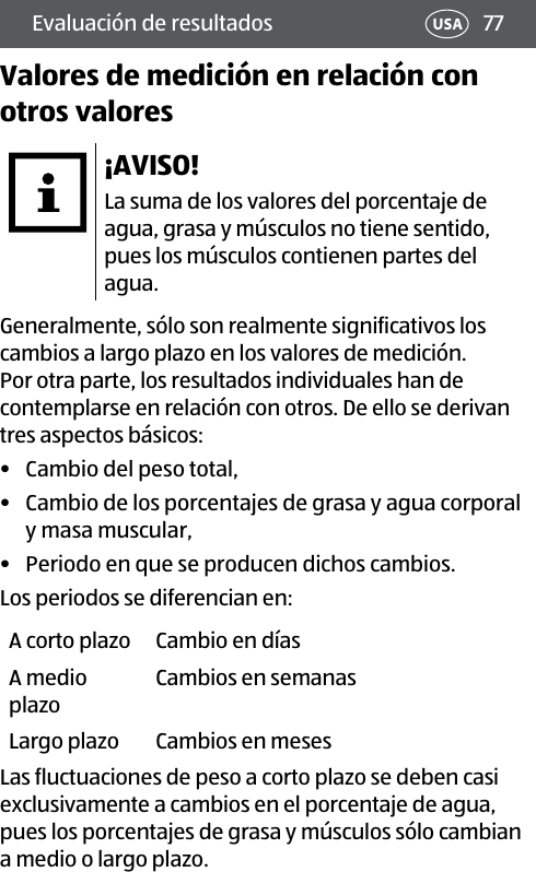 77USAEvaluación de resultadosValores de medición en relación con otros valores¡AVISO!La suma de los valores del porcentaje de agua, grasa y músculos no tiene sentido, pues los músculos contienen partes del agua.Generalmente, sólo son realmente significativos los cambios a largo plazo en los valores de medición. Por otra parte, los resultados individuales han de contemplarse en relación con otros. De ello se derivan tres aspectos básicos:•  Cambio del peso total,•  Cambio de los porcentajes de grasa y agua corporal y masa muscular,•  Periodo en que se producen dichos cambios. Los periodos se diferencian en:A corto plazo Cambio en díasA medio plazoCambios en semanasLargo plazo Cambios en mesesLas fluctuaciones de peso a corto plazo se deben casi exclusivamente a cambios en el porcentaje de agua, pues los porcentajes de grasa y músculos sólo cambian a medio o largo plazo.